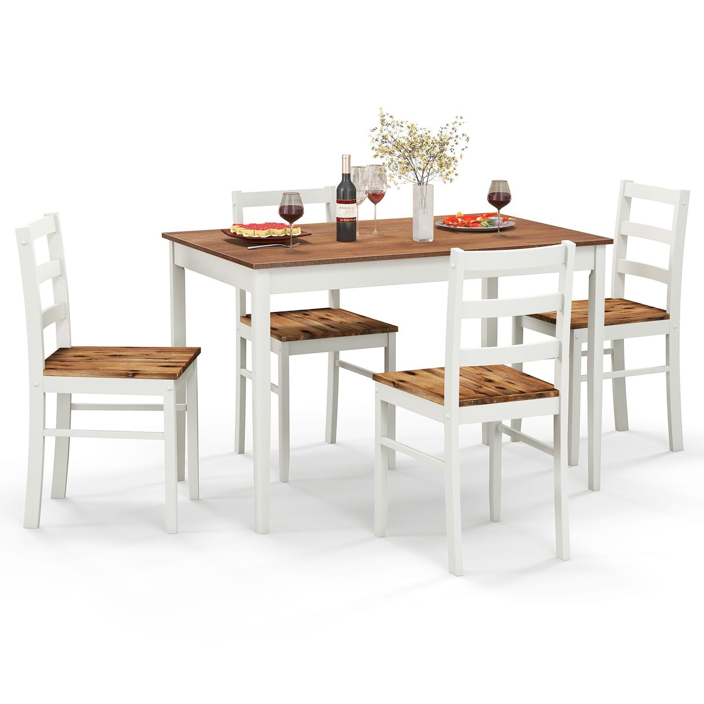 Tangkula Dining Table Set for 4, Solid Wood, Farmhouse Dinette Set w/Rubber Wood Legs, Mid-Century Modern, Compact Dining Table and Chairs Set for Kitchen, Dining Room (Brown+White)