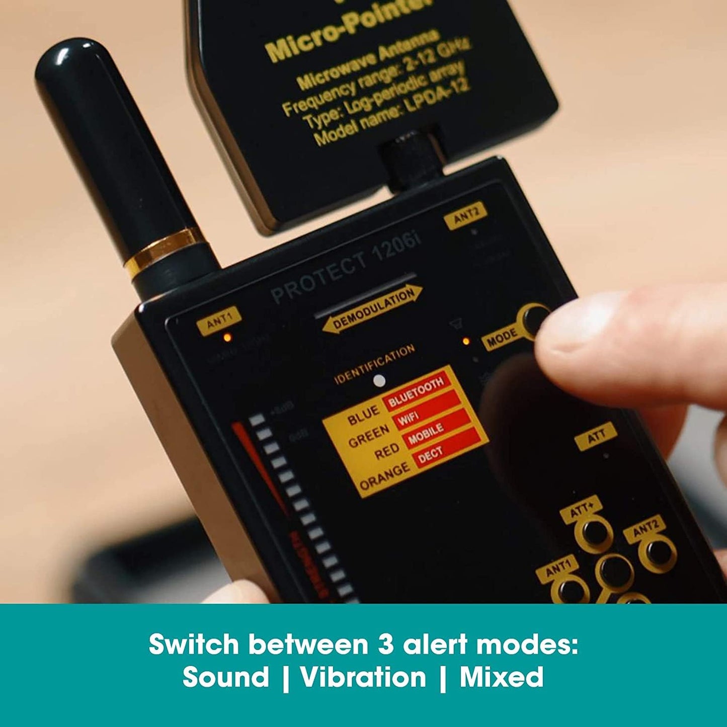 KJB DD1206 iProtect Digital RF Detector; Extra High Sensitivity to Bluetooth, Wi-Fi 2.4 GHz, Wi-Fi 5GHz and Wireless Video Cameras; 16-Segment Bargraph Indicator; 2 Levels of Sensitivity (Attenuator)