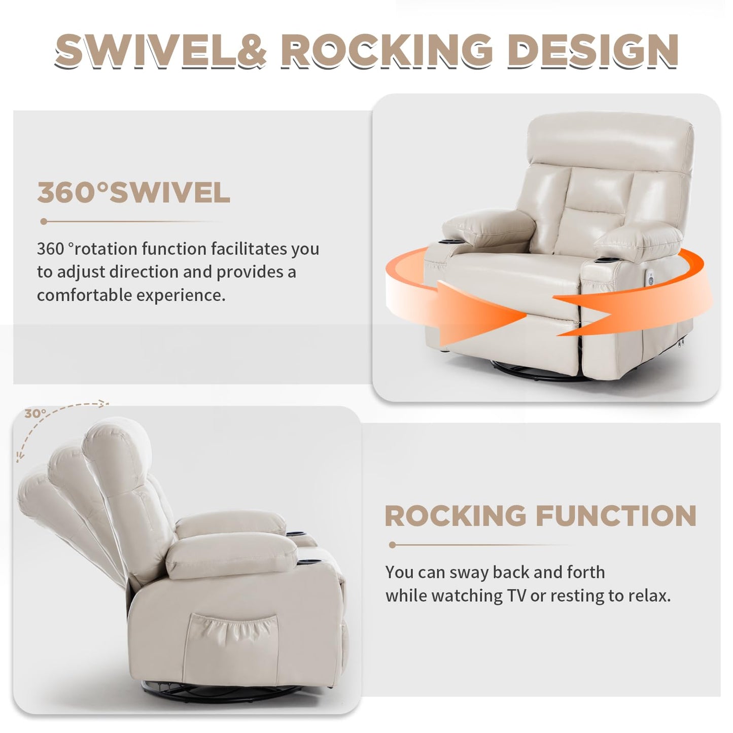 Comermax Rocking Recliner with Heat and Massage, Wide Seat Heated Massaging Reclining Chair for Home Theater, Faux Leather Manual Swivel Rocker Recliner Chair with Cup Holder for Adult, Beige
