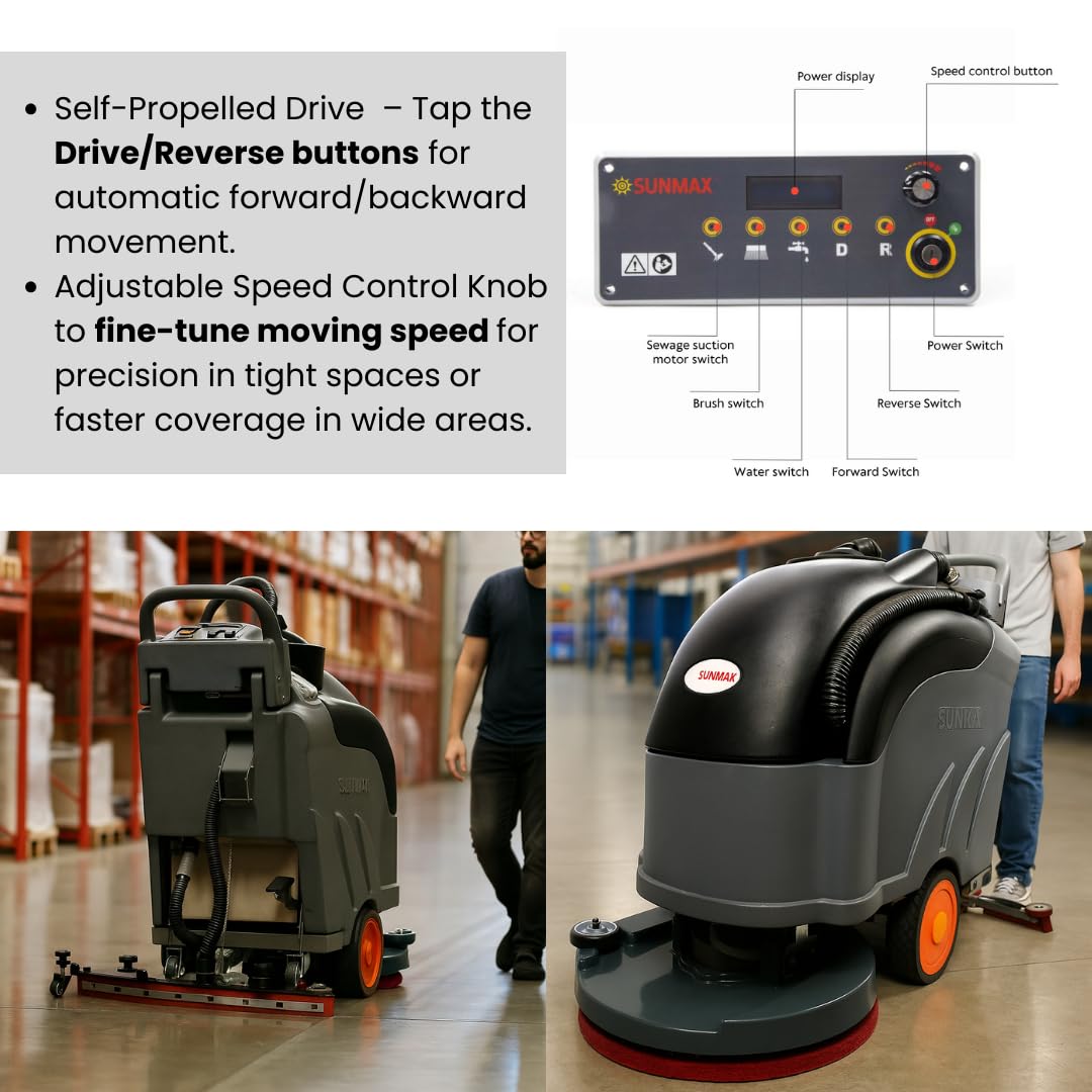 22" Self-Propelled Walk-Behind Floor Scrubber Dryer Machine, Forward & Reverse Drive, Adjustable Speed, 36,000 Ft²/h, 3.5-Hour Fast Charging, Up to 5 Hours Runtime, LiFePO4 Battery