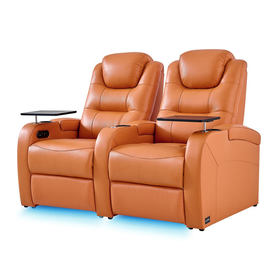 comfiroom Home Theater Seating Simple Style Top Grain Nappa Leather Recliner Sofa Dual Power Movie Theater Chairs with Tray Table Type-C USB Charger (Orange, Row of 2)