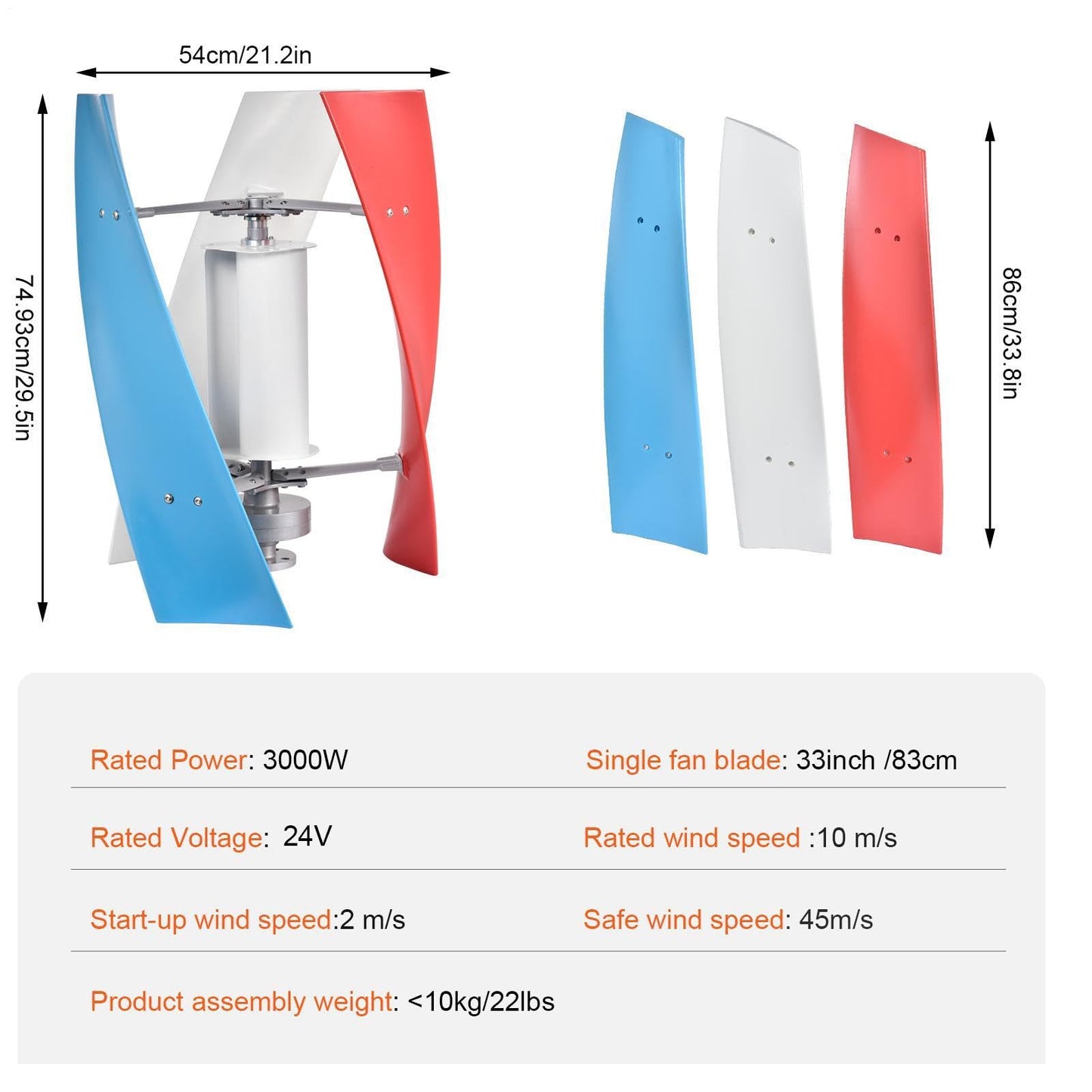 3000W Wind Turbine Generator Kit,12V/24V Vertical Axis Wind Turbine,Maglevs Winds Generator With Controller,Quiet 3 Leaves Small Household Windmill For Boats, Terraces, Cabins, Home,Industrial Energy
