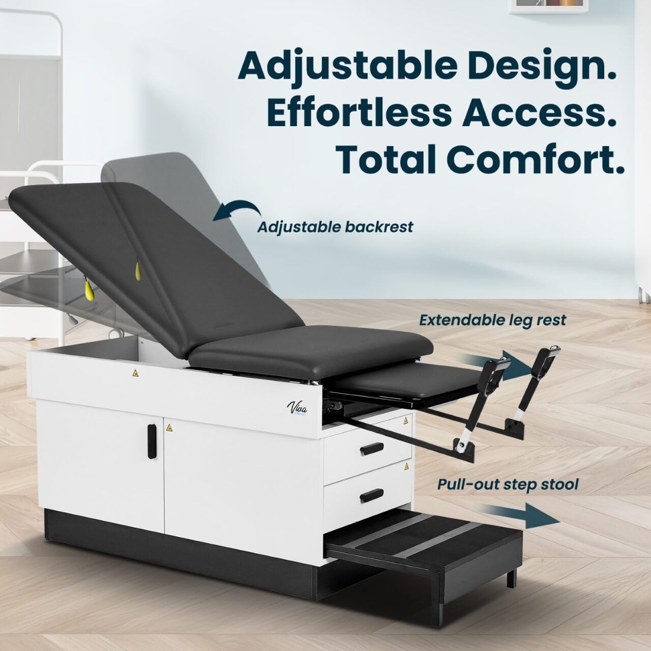 Vivacomfort Slim Line Medical Exam Table with Stirrups, Black, 420 lbs Weight Capacity