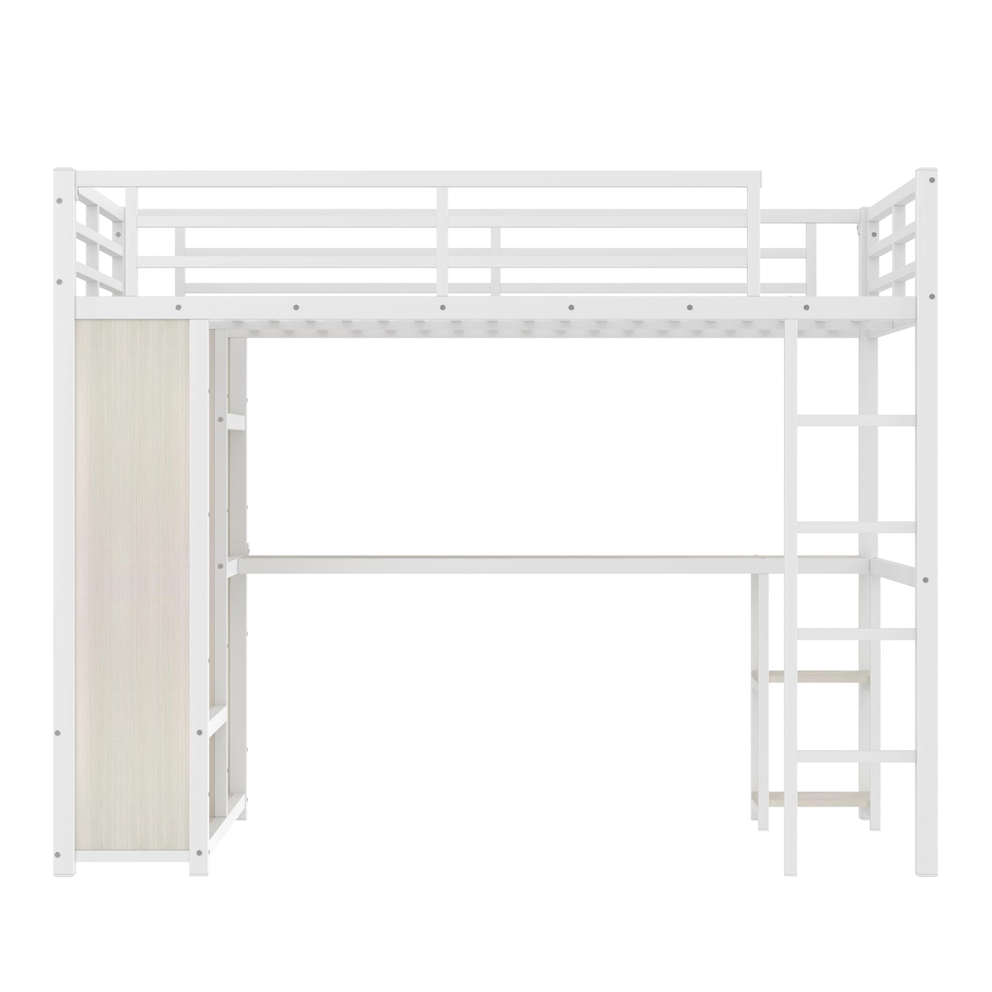 Bellemave Queen Size Loft Bed with Desk, Wardrobe, Metal Queen Loft Bed Frame, White Wood-Grain