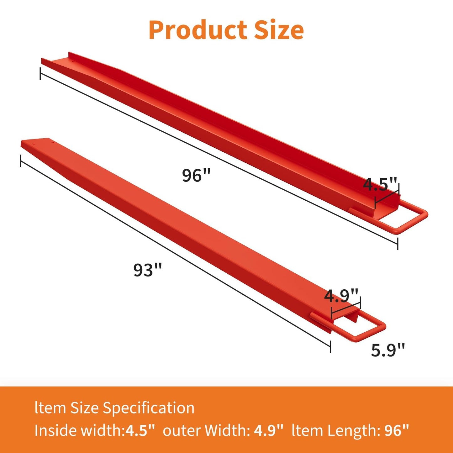 96" Forklift Extensions - Heavy Duty Pallet Fork Extensions for 4.5" Wide Forks, High Tensile Steel Fork Extender with Safety Strap for Warehouse, Construction, Farm