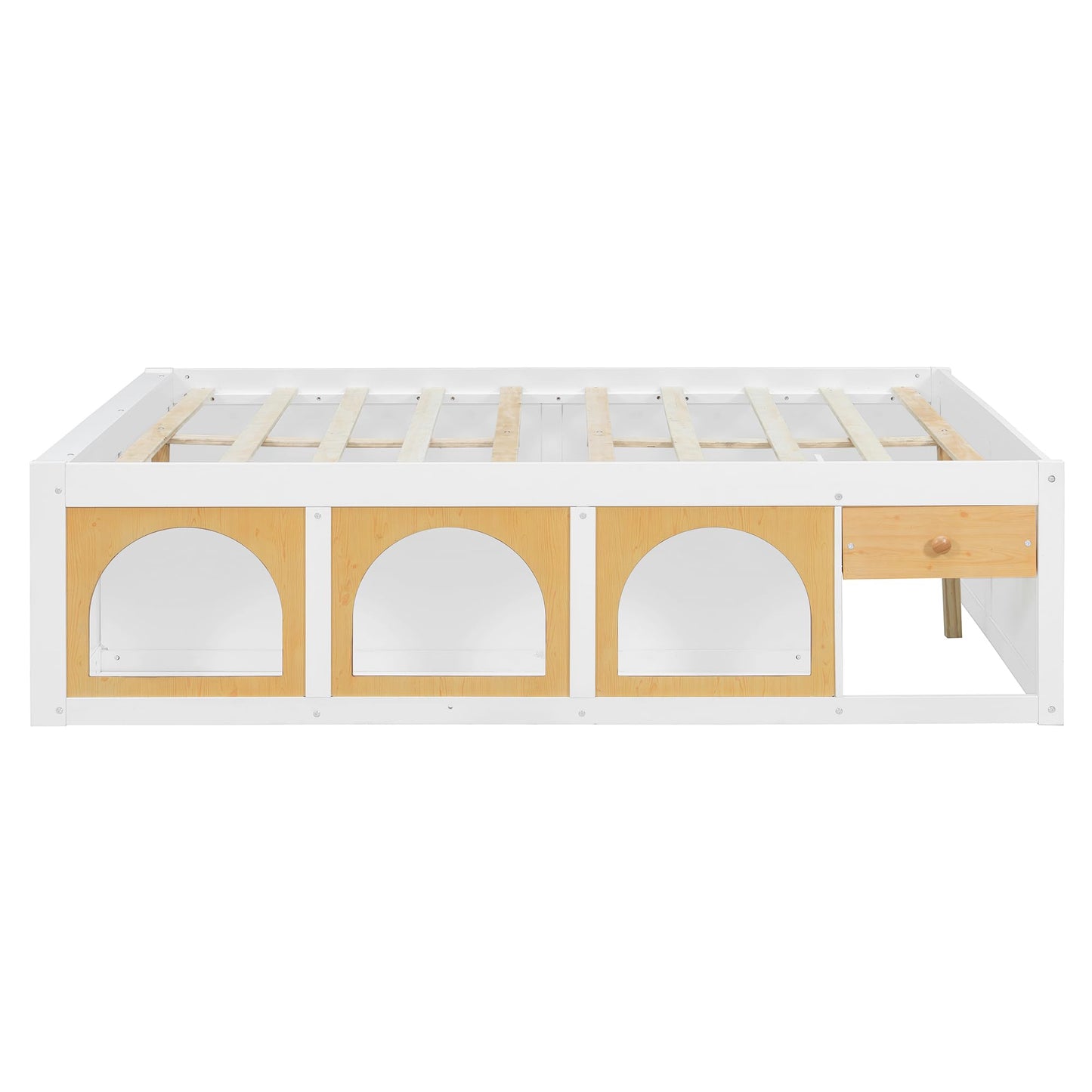 Merax Full Size Wooden Platform Bed with Bookshelf, Display Cabinet and Storage Drawer, White+Natural Multi-Functional Storage Bed for Bedroom, Guestroom