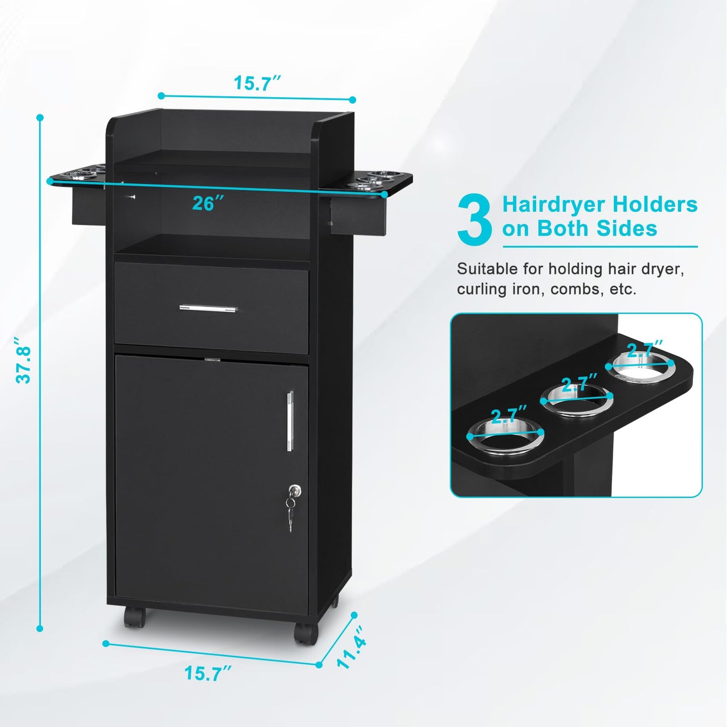 JHshop Black Beauty Salon Storage Trolley Cart, Hair Salon Stations Cabinet for Stylist with 6 Tool Holders Equipment with Rolling Wheels, Drawer Barber Salon Furniture