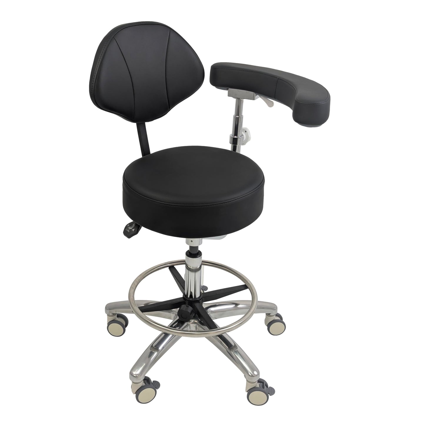 Dental Assistant Chair with Arm & Back – Ergonomic Stool with Forward Tilting Seat, Adjustable Height, Locking Rubber Wheels, Medical Grade Leather, Heavy Duty Base for Hygienist Clinic Lab