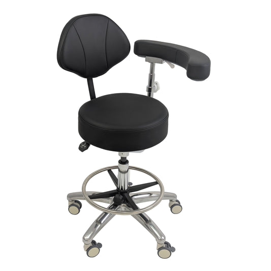 Dental Assistant Chair with Arm & Back – Ergonomic Stool with Forward Tilting Seat, Adjustable Height, Locking Rubber Wheels, Medical Grade Leather, Heavy Duty Base for Hygienist Clinic Lab