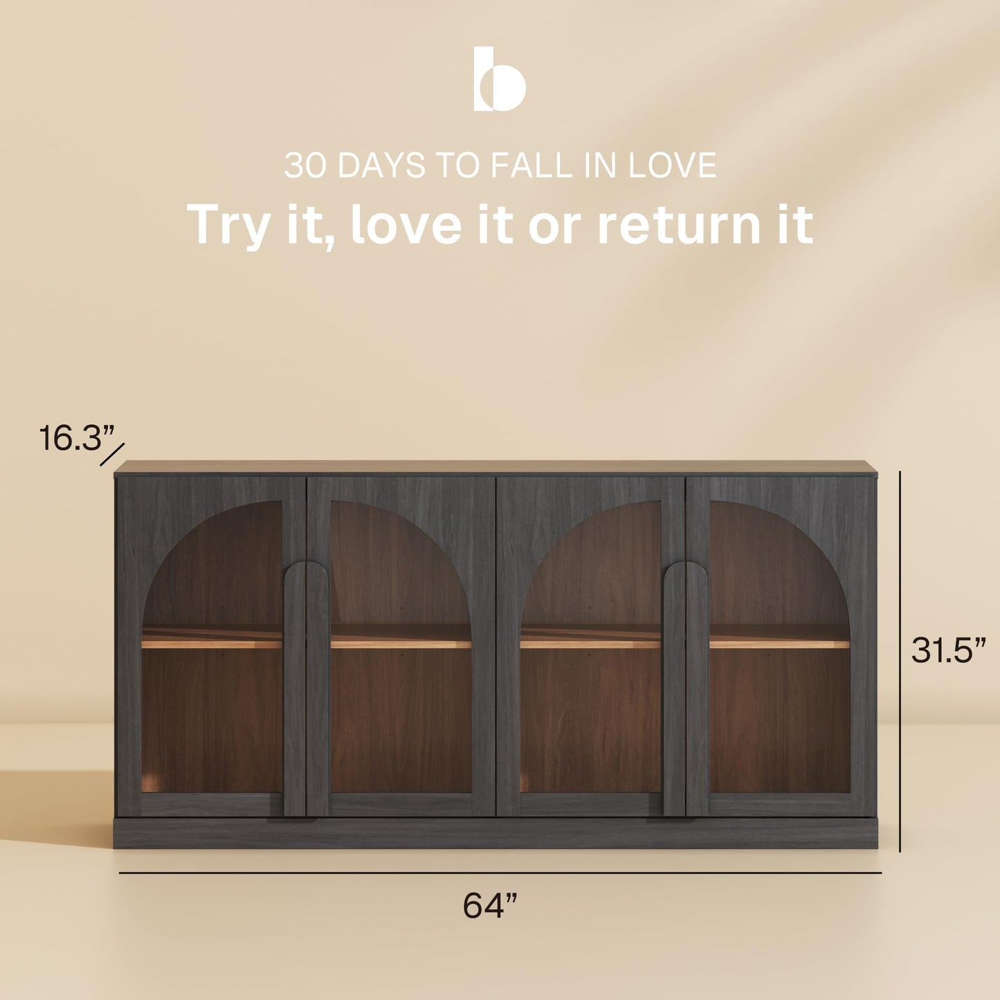 BELLEZE 64" Kitchen Storage Cabinet with Adjustable Shelves, Freestanding Accent Cabinet with Arched Glass Doors for Living Room, Dining Room, Entryway, Ebony