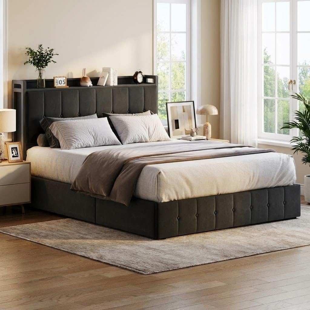 GAOMON Full Size Lift Up Storage Bed Frame with Headboard, Upholstered Platform Bed with Hydraulic Storage, Button Tufted Velvet Bed Frame with Under Bed Storage, No Box Spring Needed, Black