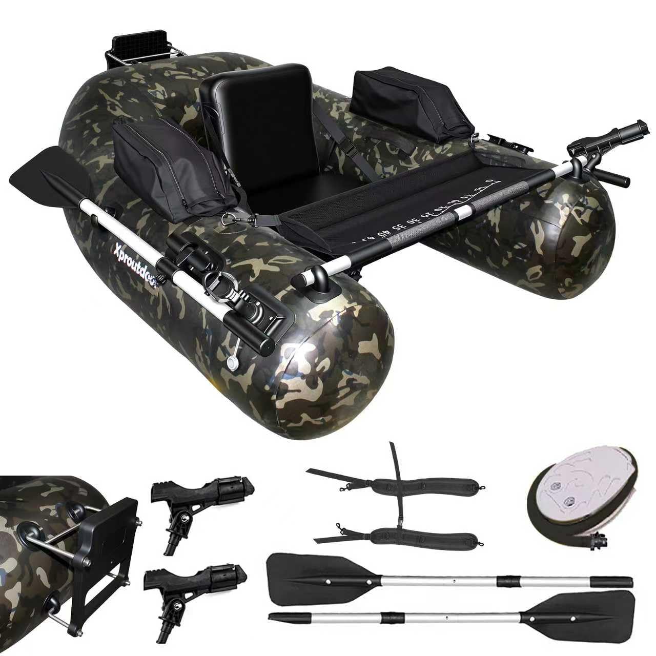 Xproutdoor Fishing Float Tube, Belly Boat Fishing with Pump, Fish Ruler, Adjustable Straps, Storage Pockets, 2 Oars, 2 Rod Holders, Motor Bracket Inflatable Float Tube for 330 LBS Load Capacity