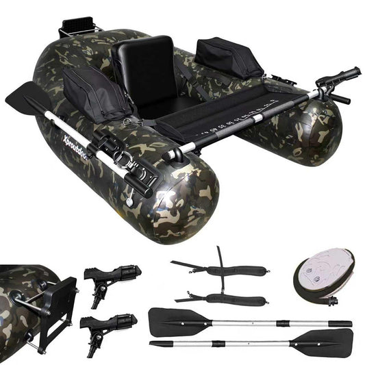 Xproutdoor Fishing Float Tube, Belly Boat Fishing with Pump, Fish Ruler, Adjustable Straps, Storage Pockets, 2 Oars, 2 Rod Holders, Motor Bracket Inflatable Float Tube for 330 LBS Load Capacity