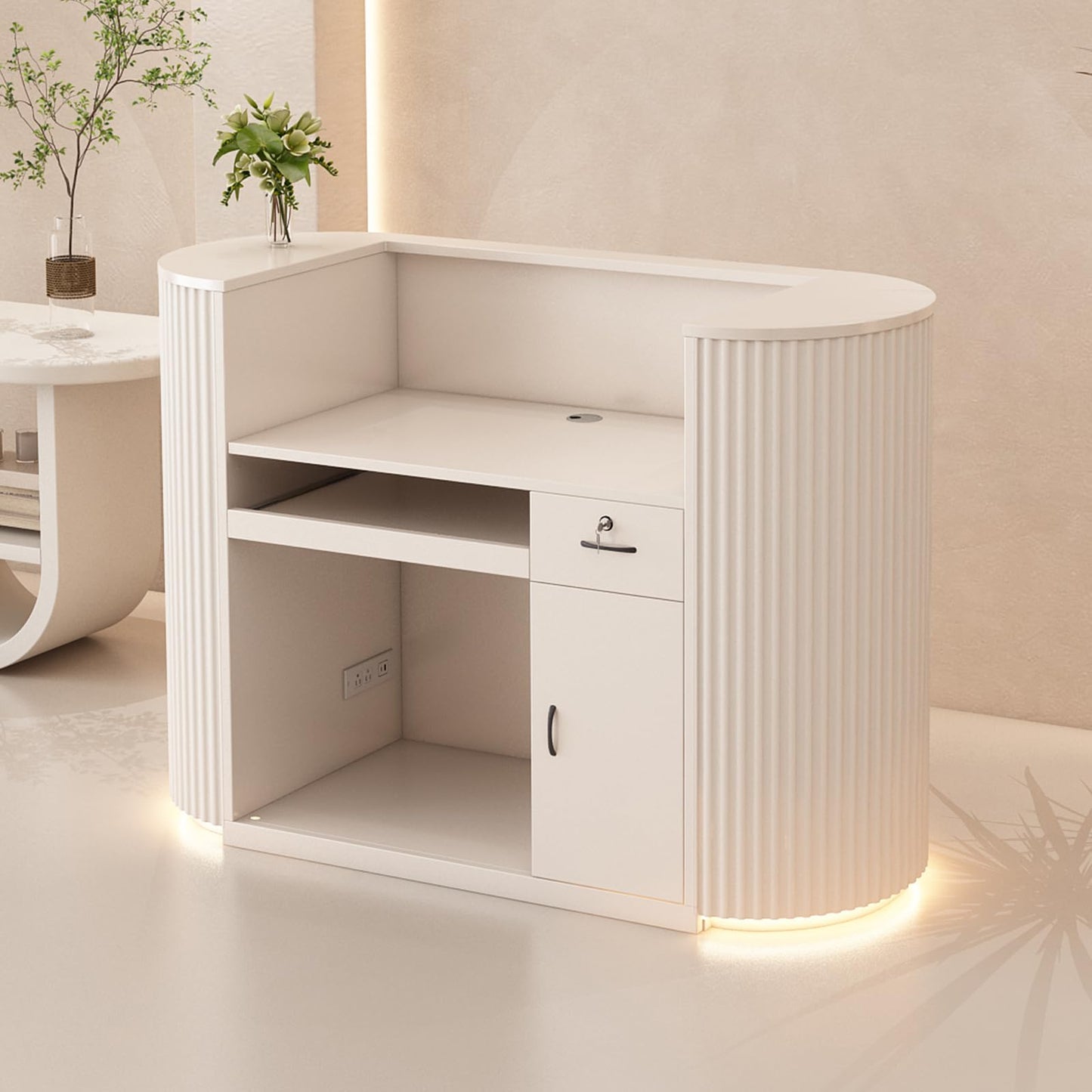 Modern Reception Desk with Counter - Curved Front Checkout Page with Led Lighting, Lockable Drawers, Hidden Cable Management and Wood Construction, Salon Reception Desk for Beauty Salons