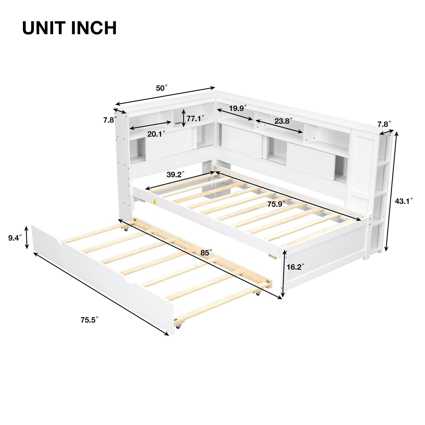 Merax Twin Size Modern Upholstered Platform Bed with USB Ports & Trundle Bed, Floor Daybed with Wood Slat Support, Storage Bed Frame with Headboard/Twin, White
