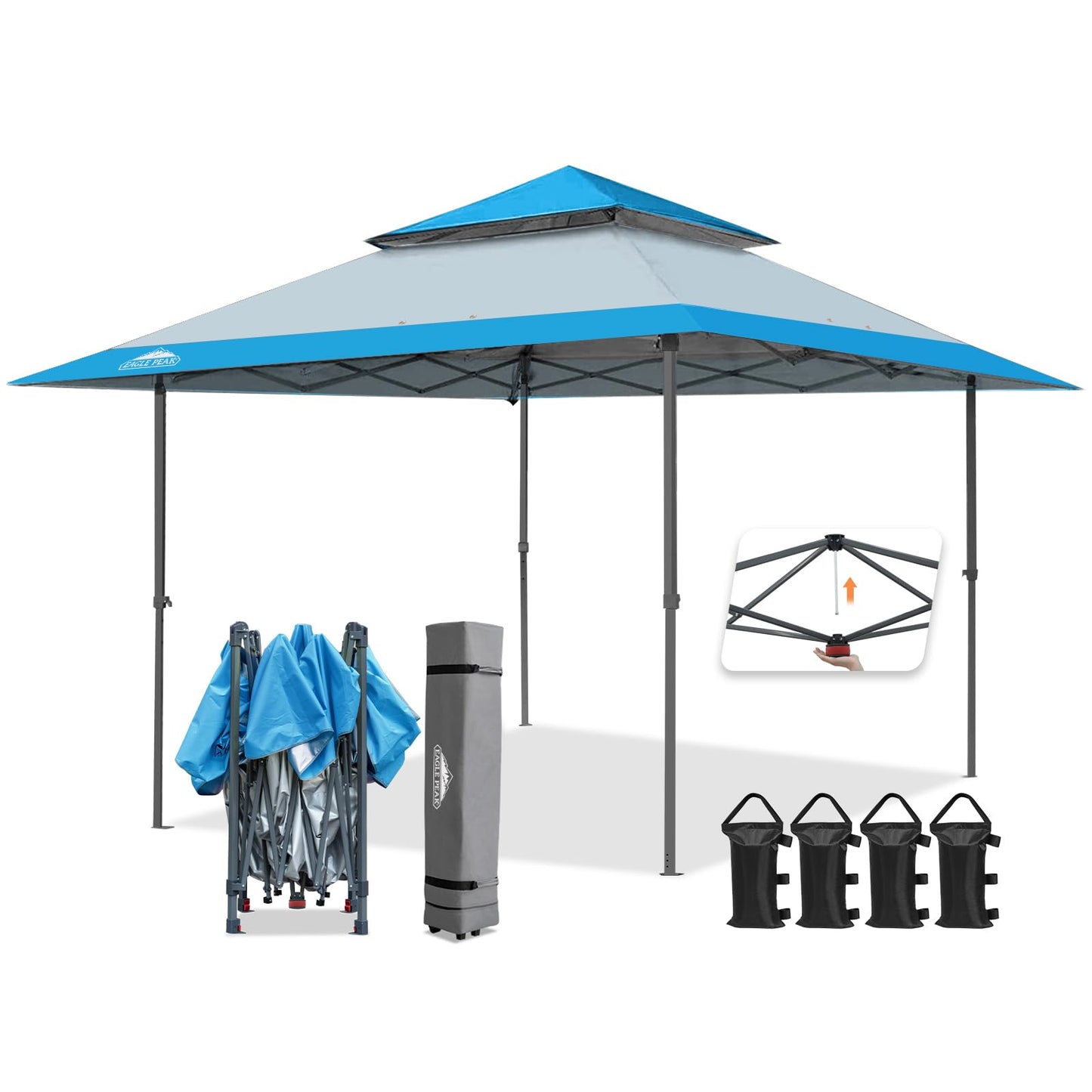 EAGLE PEAK 13x13 Straight Leg Pop Up Canopy Tent Instant Outdoor Canopy Easy Single Person Set up Folding Shelter w/Auto Extending Eaves 169 Square Feet of Shade (Light Blue)