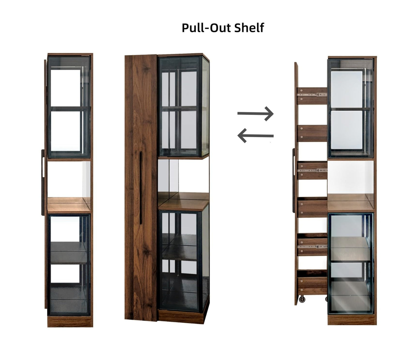 KEIKI 70" H Glass Display Storage Cabinet with Pull-Out Multi-Tier Shelf & LED Lights, Multi-Functional Curio China Collectibles Book Case Shelves Bookcase for Living Room, Home Office, Bedroom