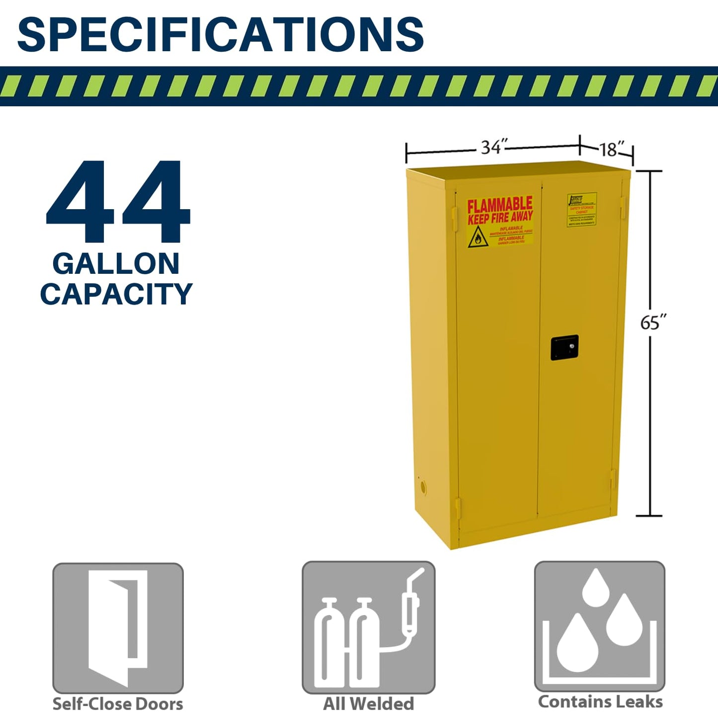 Jamco 44 Gallon Flammable Safety Cabinet, Steel Flammable Storage Cabinet with Lockable Self-Closing Doors, Non Forkliftable, 34" x 18" x 65", Yellow