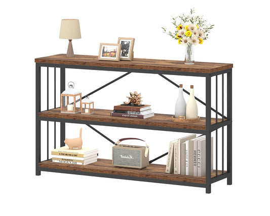 IBF Farmhouse Low 3 Tier Bookshelf, Industrial Rustic Horizontal Wood Bookcase, Modern Wide Open Metal Etagere with Storage, Vintage Book Shelf for Office Bedroom Living Room, Rustic Brown, 47 Inch