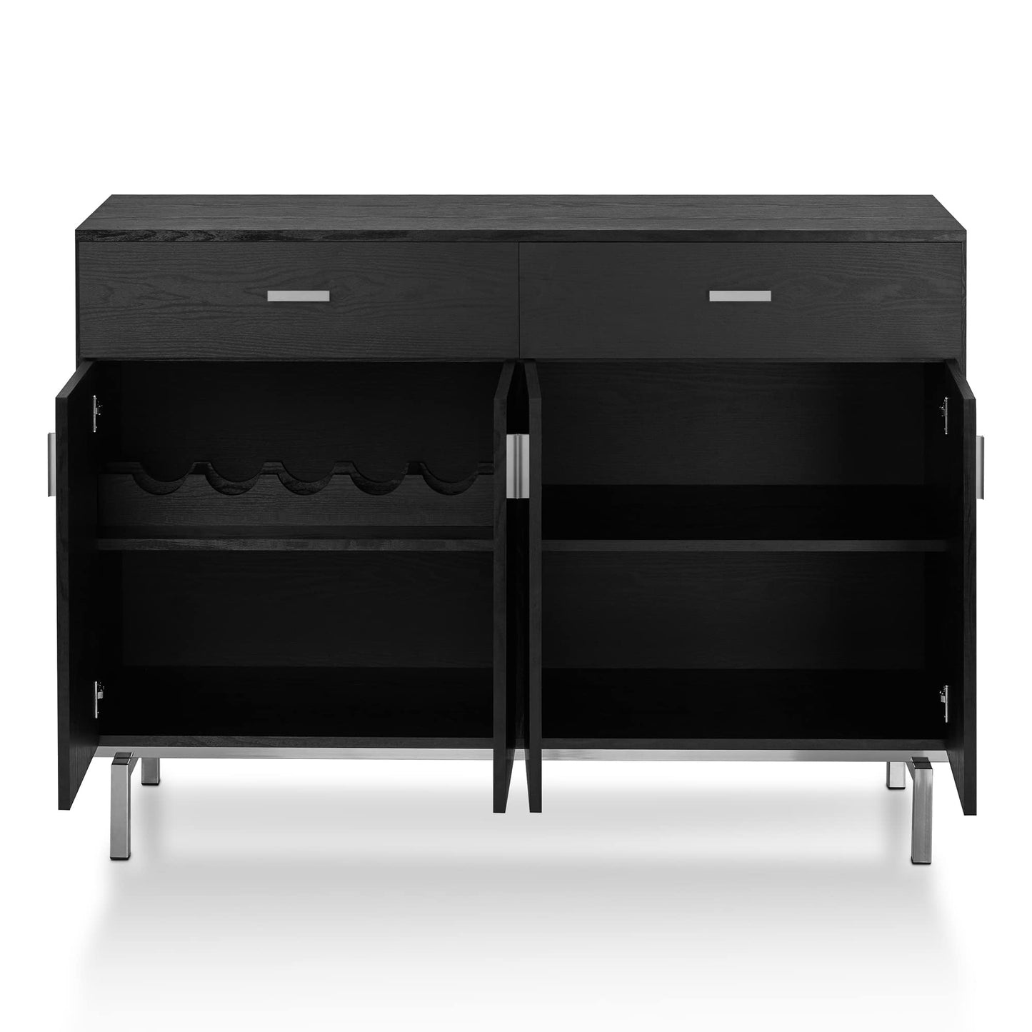 Furniture of America Brysin Modern 48-inch Sideboard Buffet Cabinet with Removable Wine Holder, 2 Drawers On Metal Glides and 2 Storage Compartments for Dining Room, Black and Silver