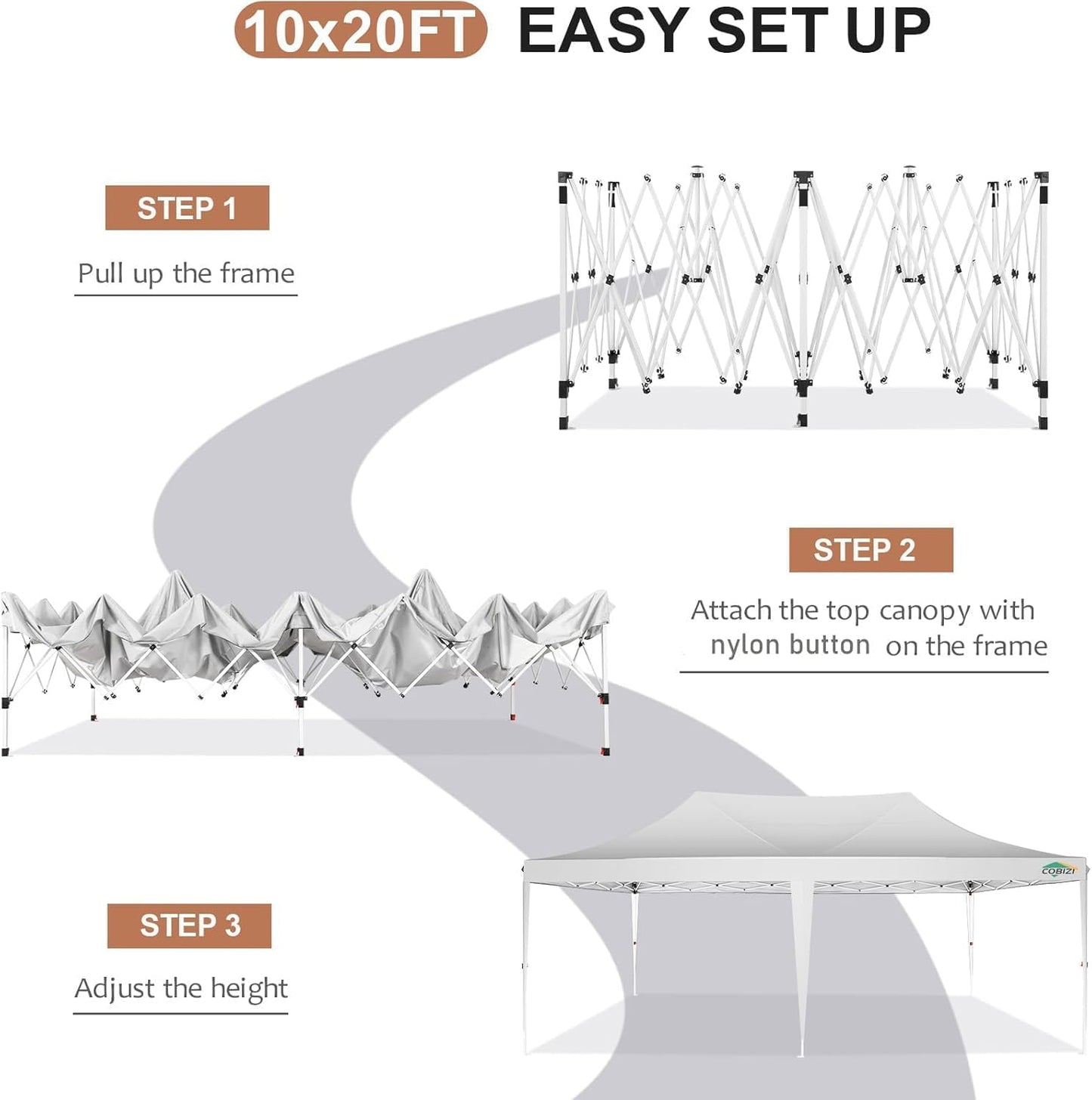 COBIZI 10x20 Pop Up Canopy with 6 Sidewalls,10x20 Canopy Tent Frame Upgraded with 3 Adjustable Heights,Waterproof UV50+ Outdoor Party Commercial Ez Up Gazebos with Carry Bag(10 x 20 ft White)
