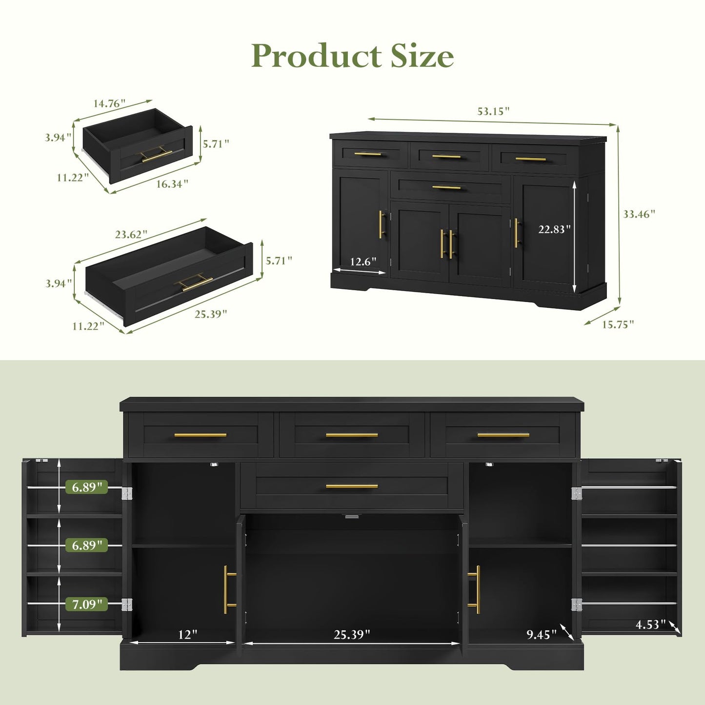 Concho 54" Buffet Cabinet with Storage, Kitchen Sideboard Cabinet with 4 Drawers, Coffee Bar Cabinet with Shelves, Modern Storage Cabinet for Dining Room, Living Room & Kitchen, Black