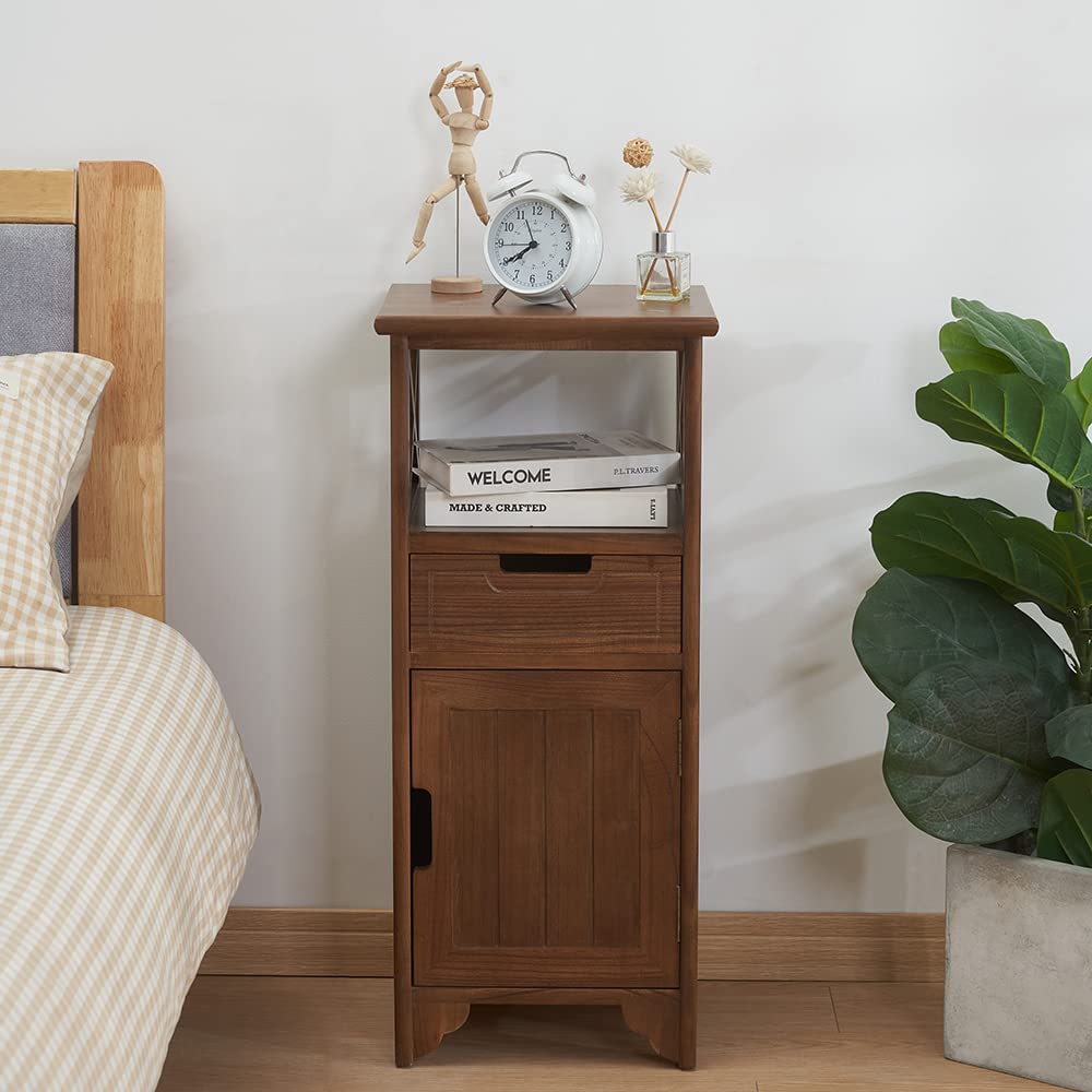 BECTSBEFF 30 Inches Tall End Table, Fully Assembled Bathroom Floor Cabinet with Shelf and Storage, No Assembly Nightstand with Drawer for Bedroom-Walnut