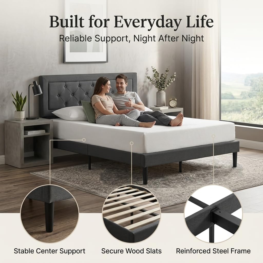 Dearforest Queen Upholstered Bed Frame with Headboard, Heavy Duty Platform Bed Frame, Easy Assembly, Noise-Free, No Box Spring Needed, Strong Metal Support, Under Bed Storage Space (Grey, Queen)