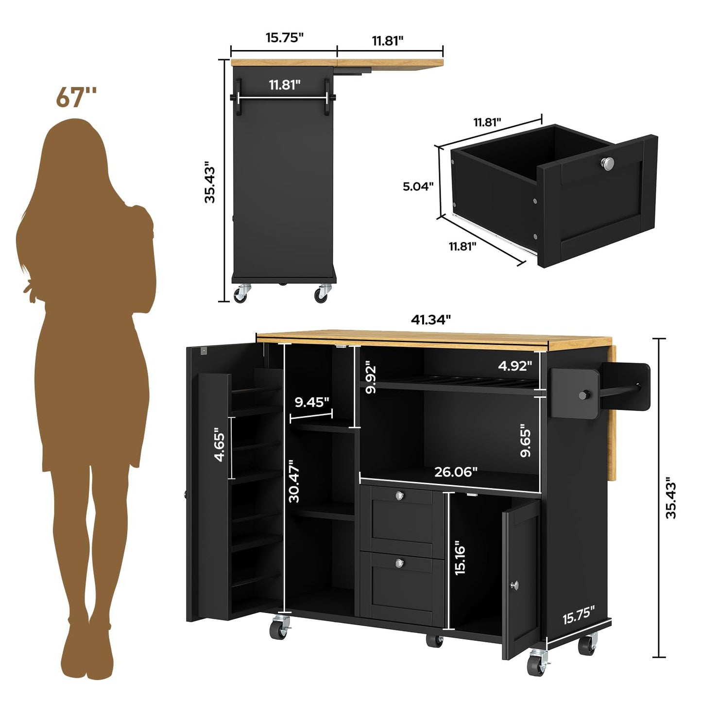 Rolling Kitchen Island with Storage Cabinet, 41.3'' Width Kitchen Cart with Desktop Drop Leaf Countertop, Portable Mobile Island with Towel Rack, Spice Rack Shelf and Lockable Wheels, Black