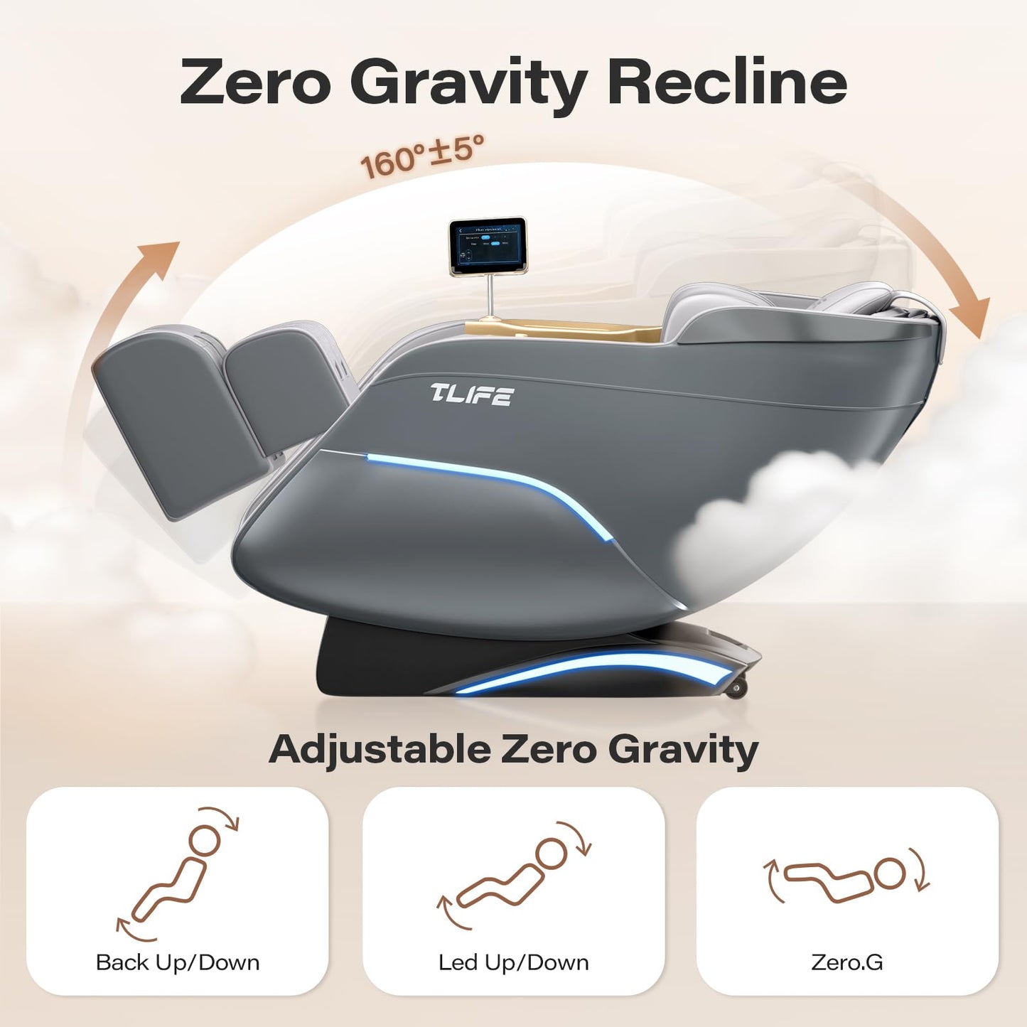 TLIFE Massage Chair Full Body, 160°Zero Gravity Recliner with Body Scan, 50" SL-Track Shiatsu Massage Chair, Fixed Point Massage, Foot Rollers, 12 Auto Modes, Deep Yoga Stretch, Heating, Grey