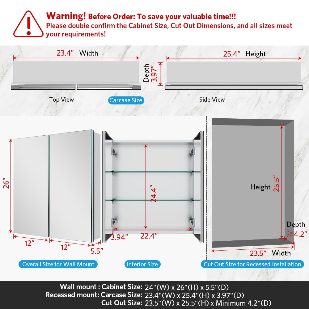 Quavikey 24"x26" 2-Door Medicine Cabinet with Mirror, Recessed or Surface
