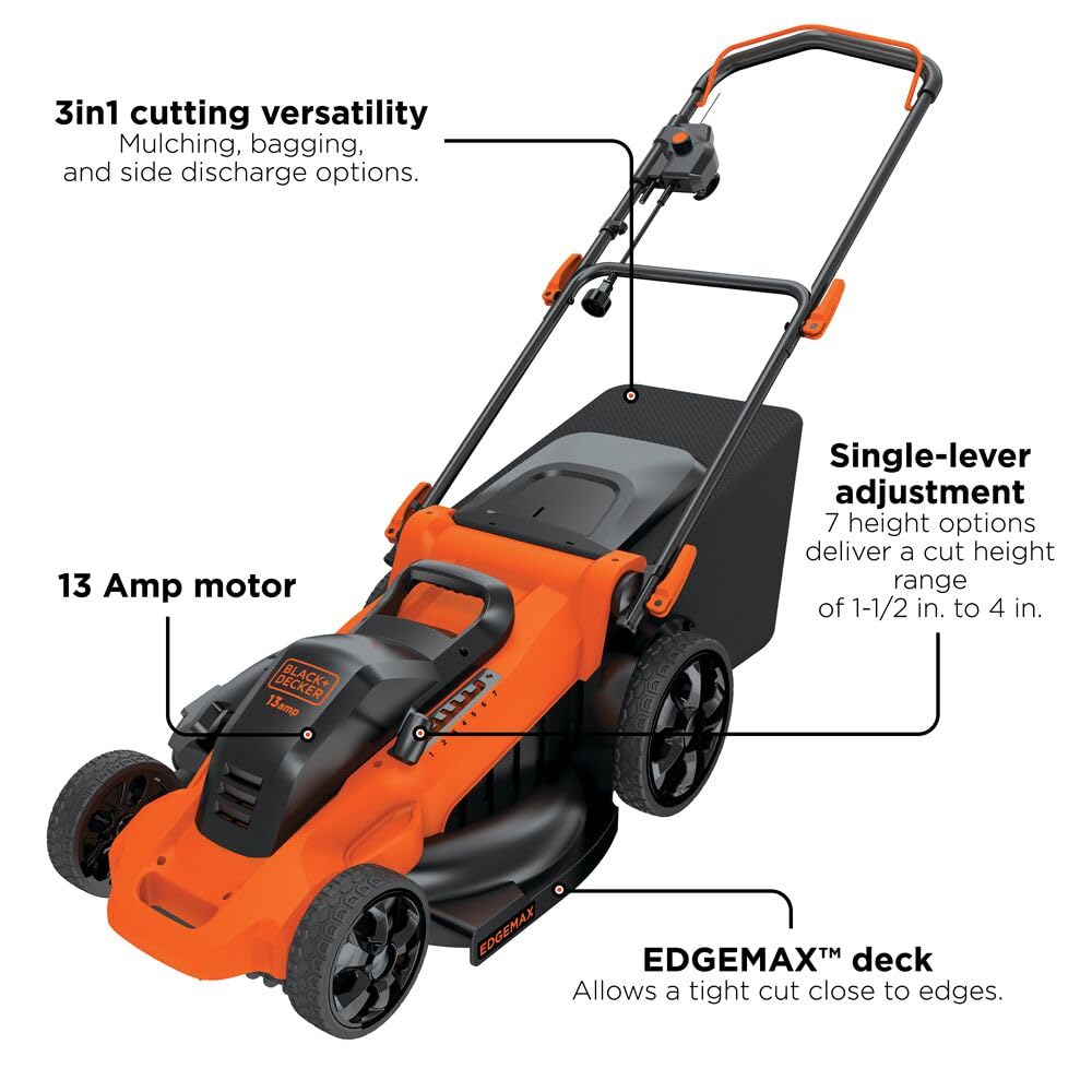 BLACK+DECKER 20-Inch Corded Electric Lawn Mower, Ultra Light Push Mower, 13-Amp High Output Motor, 3 in 1 Cutting Versatility, Tool Free Height Adjustment, 7-setting Cutting Height (MM2000)