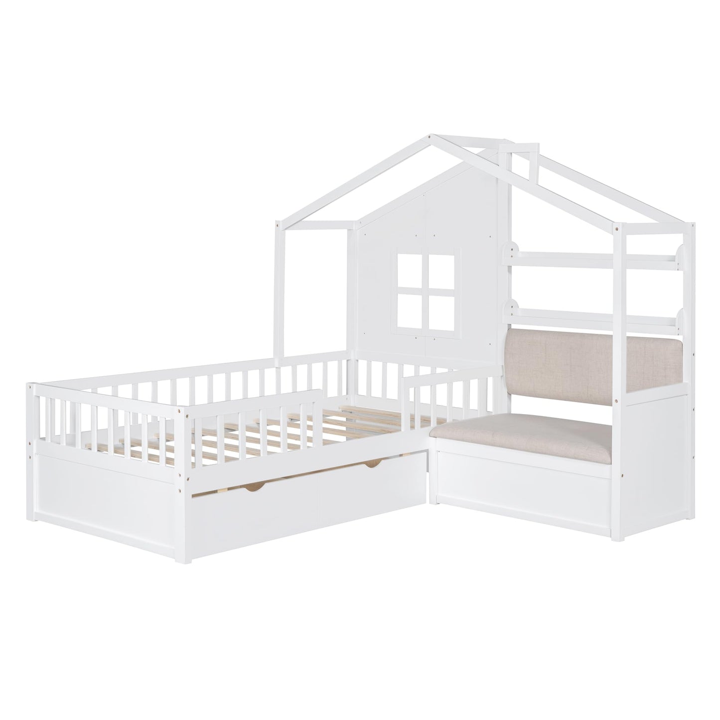 Merax Twin Size House Bed with Upholstered Sofa Seat, White L-Shape Wooden Platform Bed Frame with Two Drawers and Storage Shelf