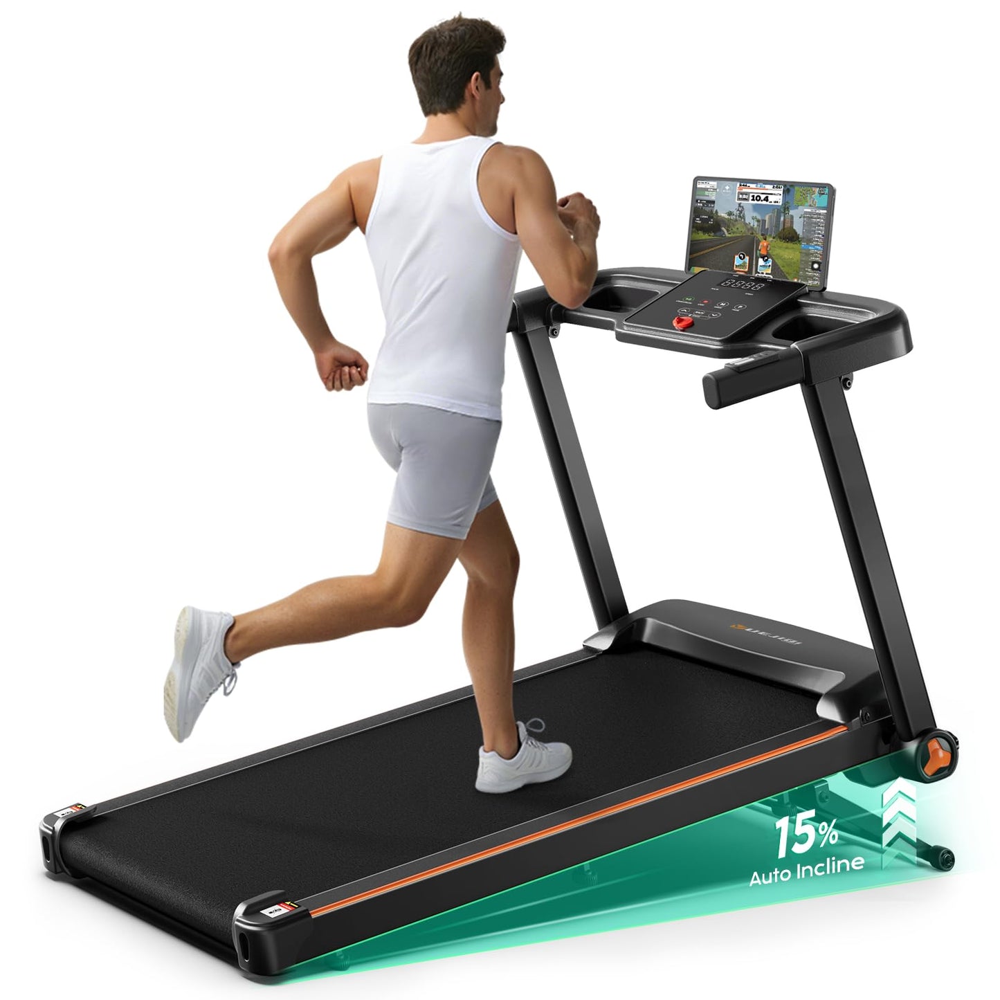 YUEJIQI 3220S Treadmills for Home, 15% Auto Incline, 3.5HP Quiet Brushless, 300Lbs Capacity, 16"x42" Wide Running Belt, Max 8.5 MPH, One-Touch Folding Treadmill with Bluetooth APP & Pulse Monitor