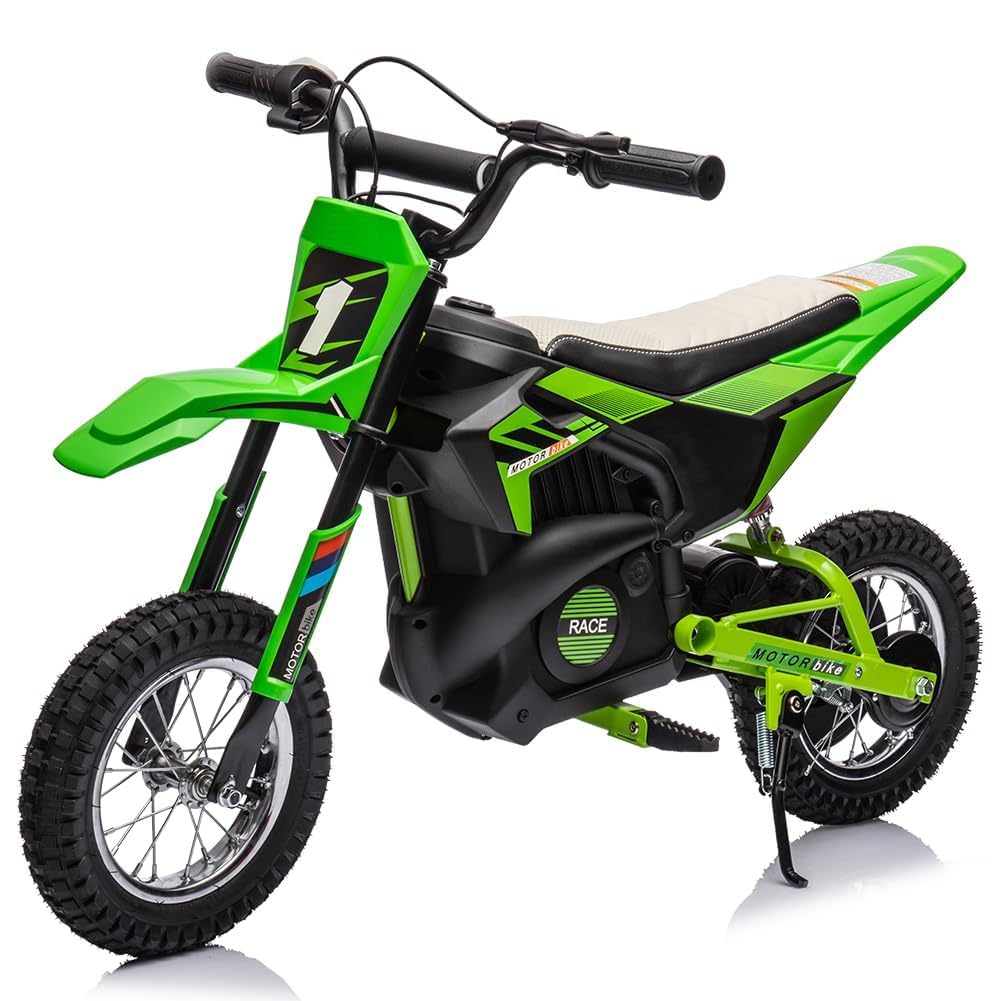 24V Electric Off-Road Motorcycle,250W Motor 13.6MPH Fast Speed Motocross,Leather Seat Dirt Bike,Twist Grip Throttle,Metal Suspension,Air-Filled Tires,for Kids Teens 8+ (Green)