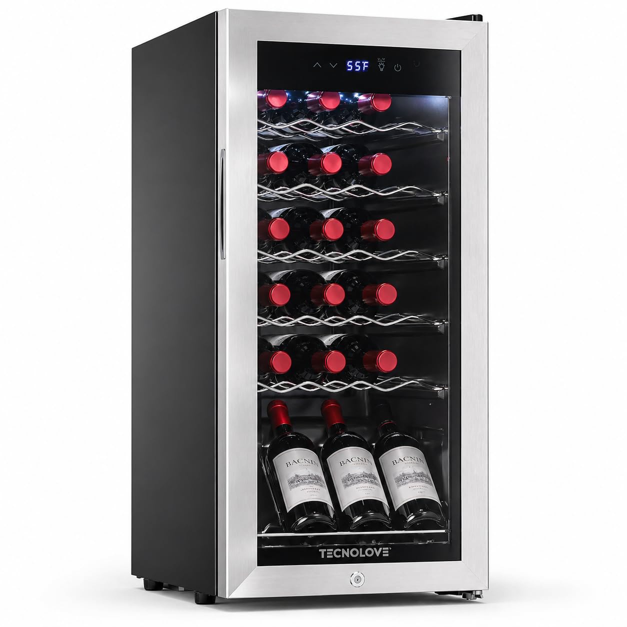 Tecnolove 18 Bottle Wine Cooler, 38-65°F Digital Temperature Control, 1.7 Cu.Ft Compact Wine Fridge, Freestanding Stainless Steel Glass Door with LED Light, Quiet Compressor for Red White Wine