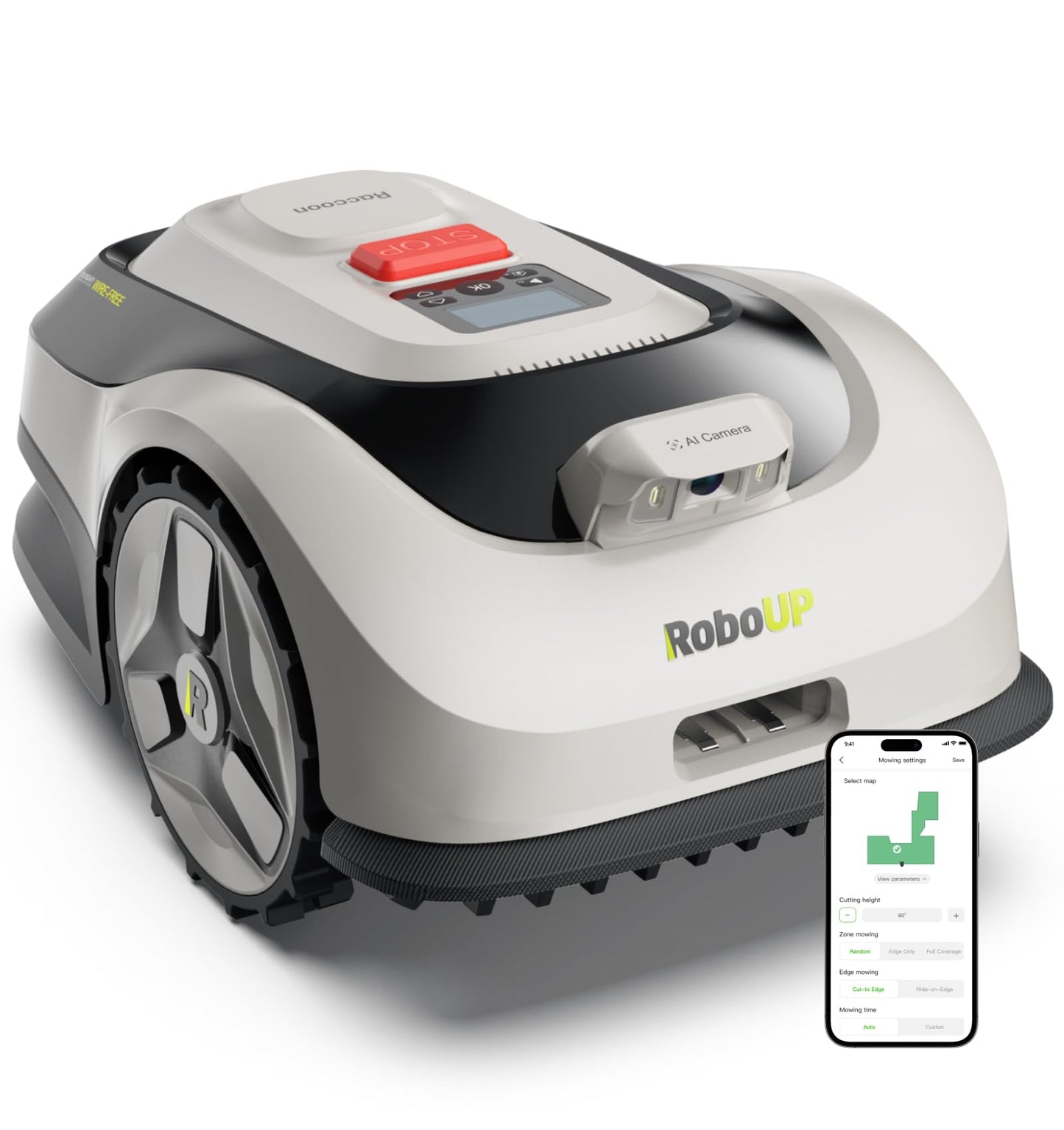 RoboUP Raccoon 2 SE Robotic Lawnmower for 0.15 Acre, Wire Free Robot Mower with AI Obstacle Avoidance, APP-Free One-Button Operation, 1.18"-3.15" Adjustable Height, Low Noise, Ideal for Small Lawns