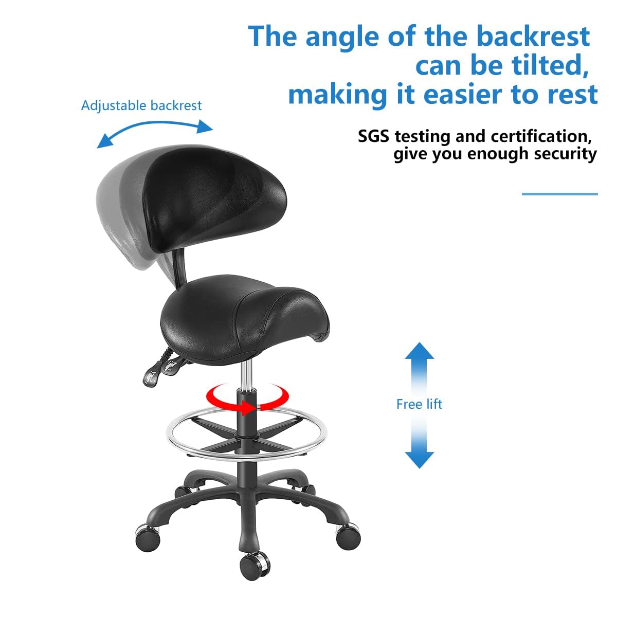 Ergonomic Adjustable Drafting Chair with Oversized Saddle Seat, Heavy-Duty Esthetician Stool for Salon Office Workshop Stool, Smooth Casters for Hard Soft Floors(with Backrest/Footrest,Black)