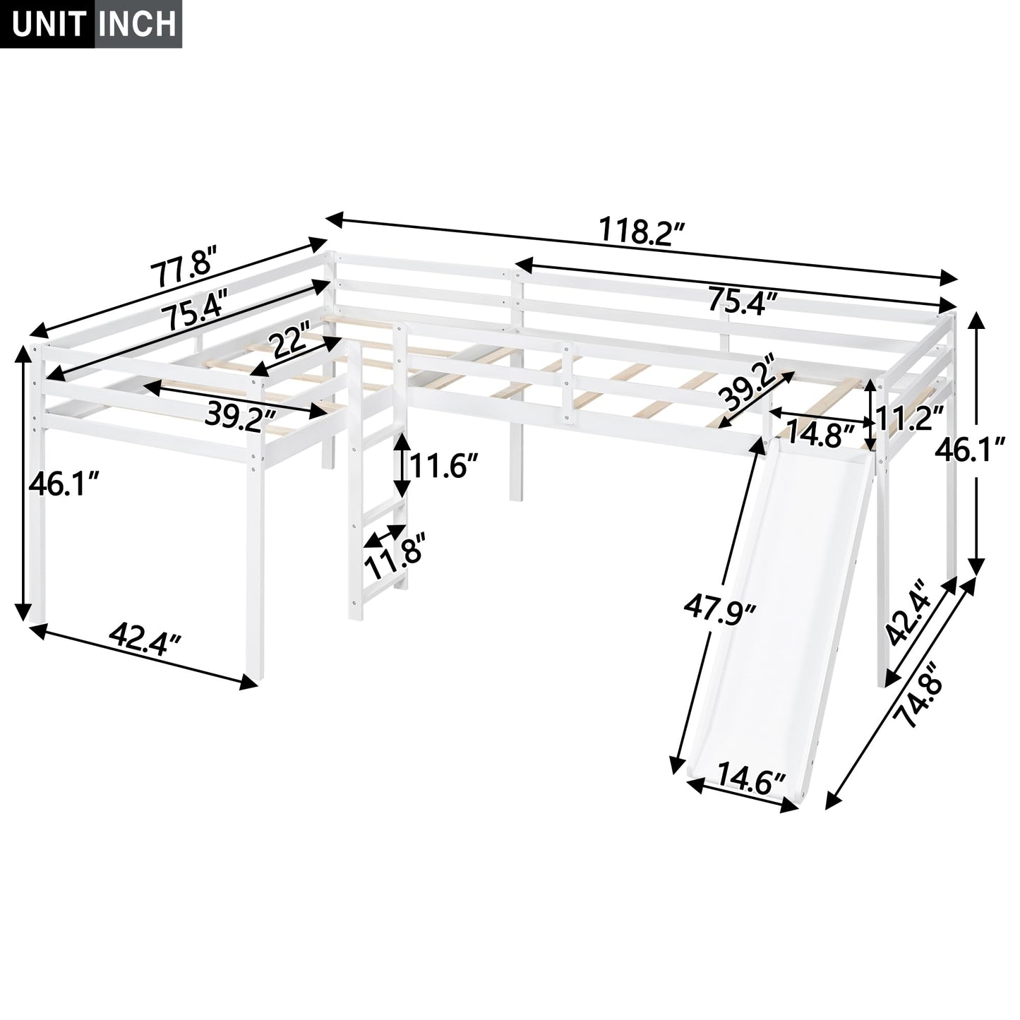 Favfurish L-Shaped Twin Size Loft Bed with Ladder and Slide,Solid Wood Structure Bed Frame,w/Safety Guardrail & Slat Supports,Space Saving,Easy to Assemble,for Kids,Teens,Girls & Boys,White