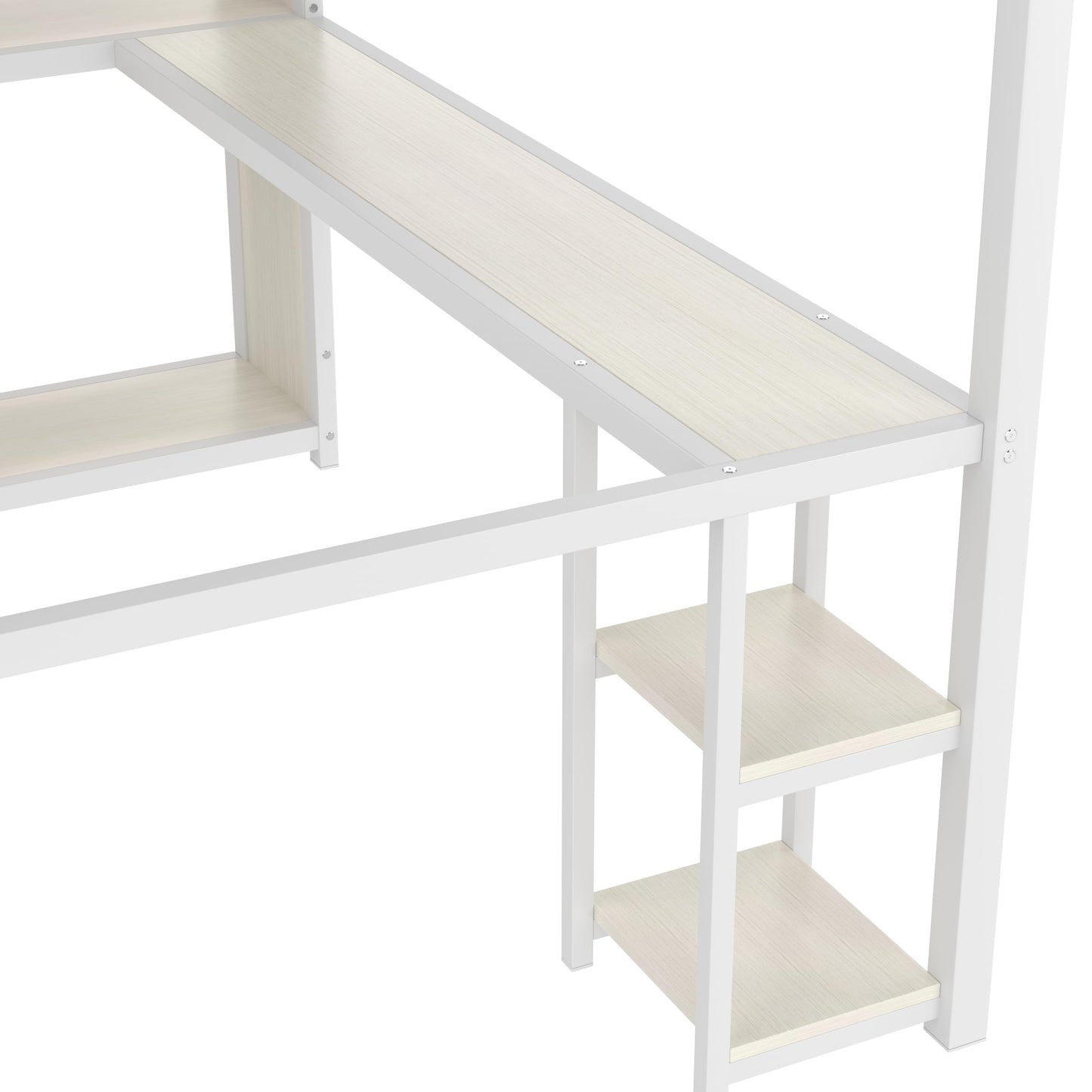 Bellemave Queen Size Loft Bed with Desk, Wardrobe, Metal Queen Loft Bed Frame, White Wood-Grain