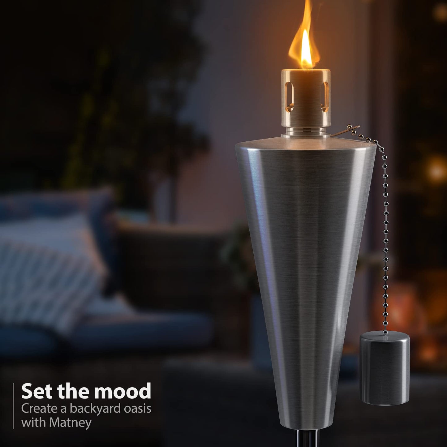 Matney Stainless Steel Tiki Torches Set of 4 - 5 ft Outdoor Oil Lamp with Fiberglass Wick & Snuffer Cap