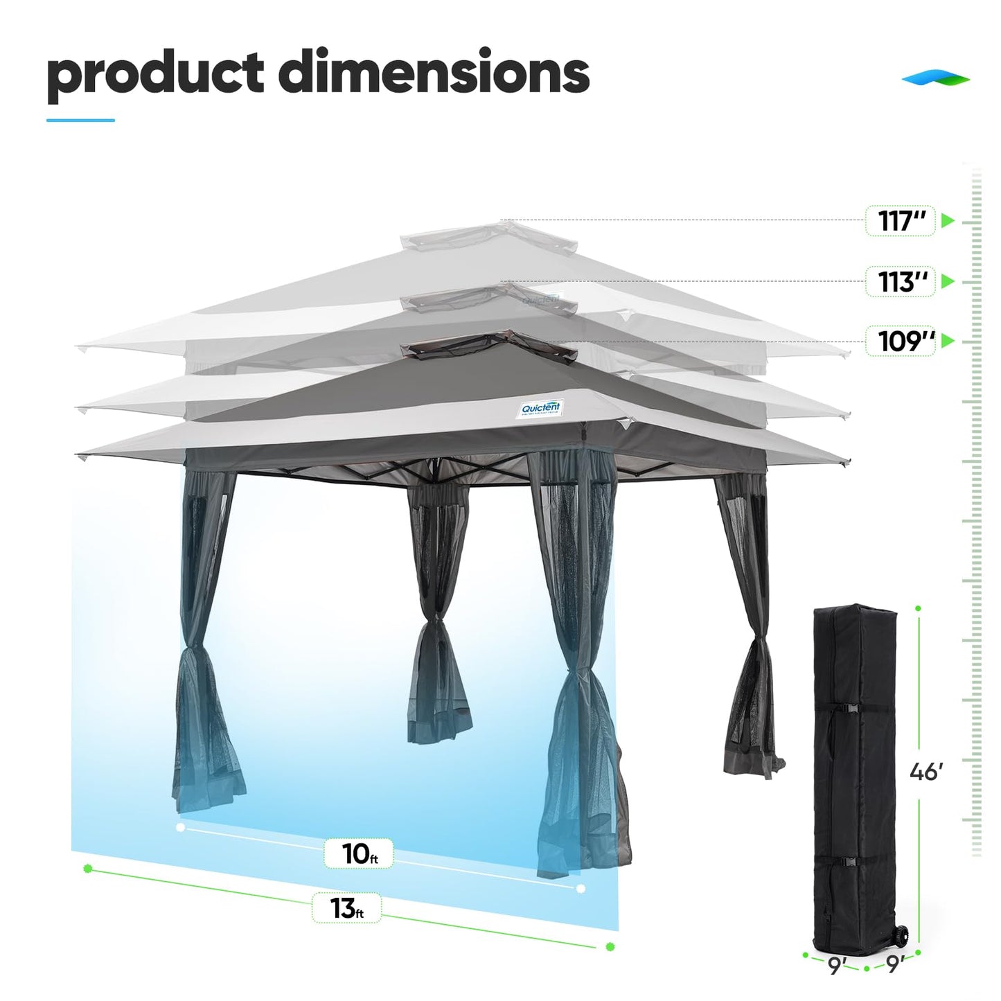 Quictent 13'x13' Pop up Gazebo Canopy Tent, One Person Set up Portable Instant Folding Shelter, Outdoor Canopy Tent with Extra Shade for Backyard, Patio, Party