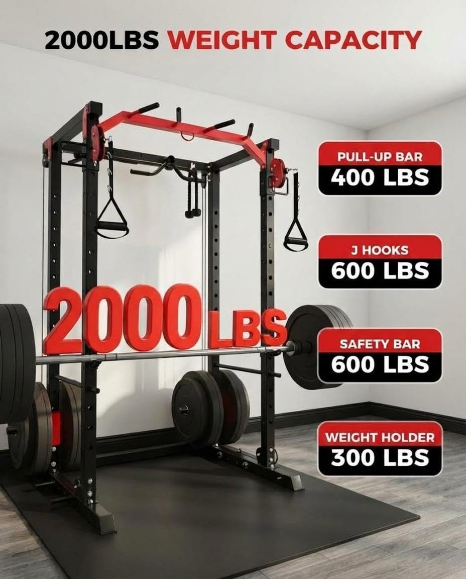 ExploreHorizon Power Cage with LAT Pulldown & Cable Crossover System, 2000LBS Multi-Functional Power Rack, All-in-1 Weight Cage Home Gym with Adjustable Pulley System, Squat Rack for Garage, Home