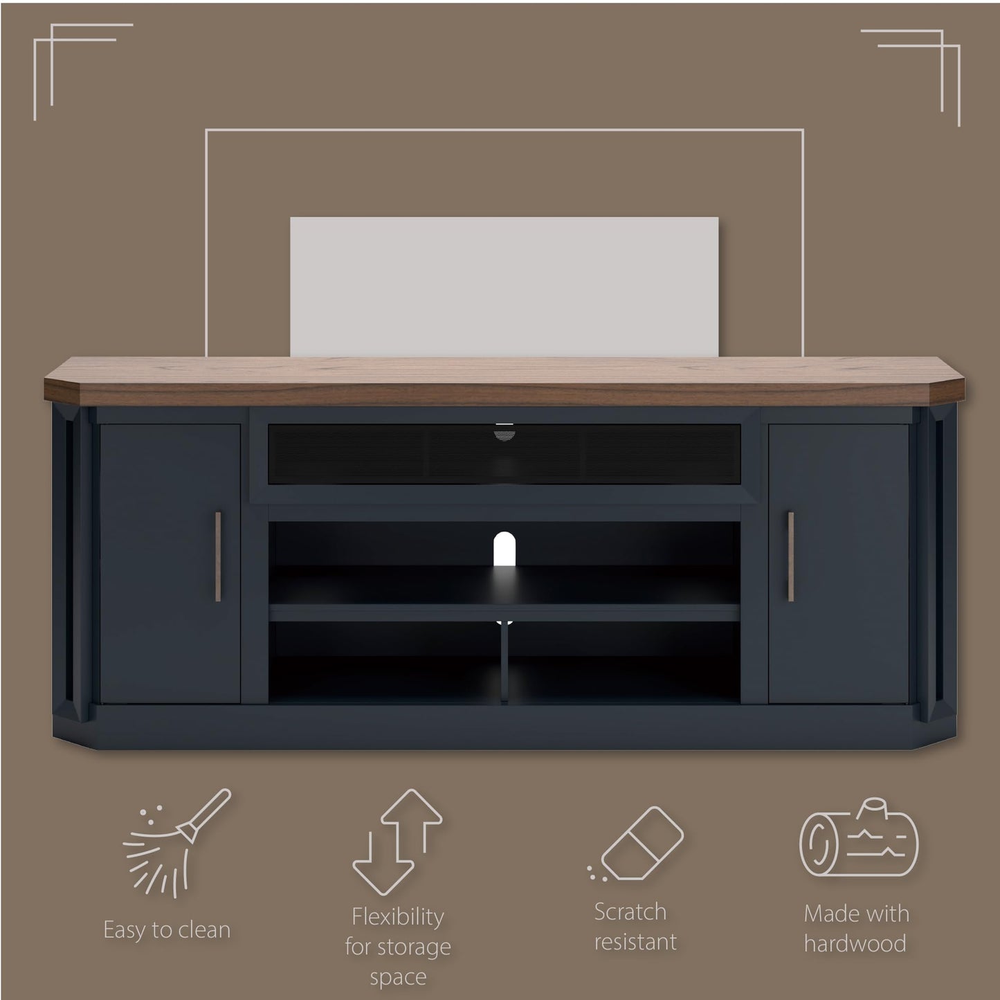 Signature Design by Ashley Landocken Contemporary 83" TV Stand for TVs up to 95" with Fireplace Option, 2 Cabinets, 2 Doors, 2 Adjustable Shelves, Open Cubbies and Cord Openings, Dark Brown & Blue