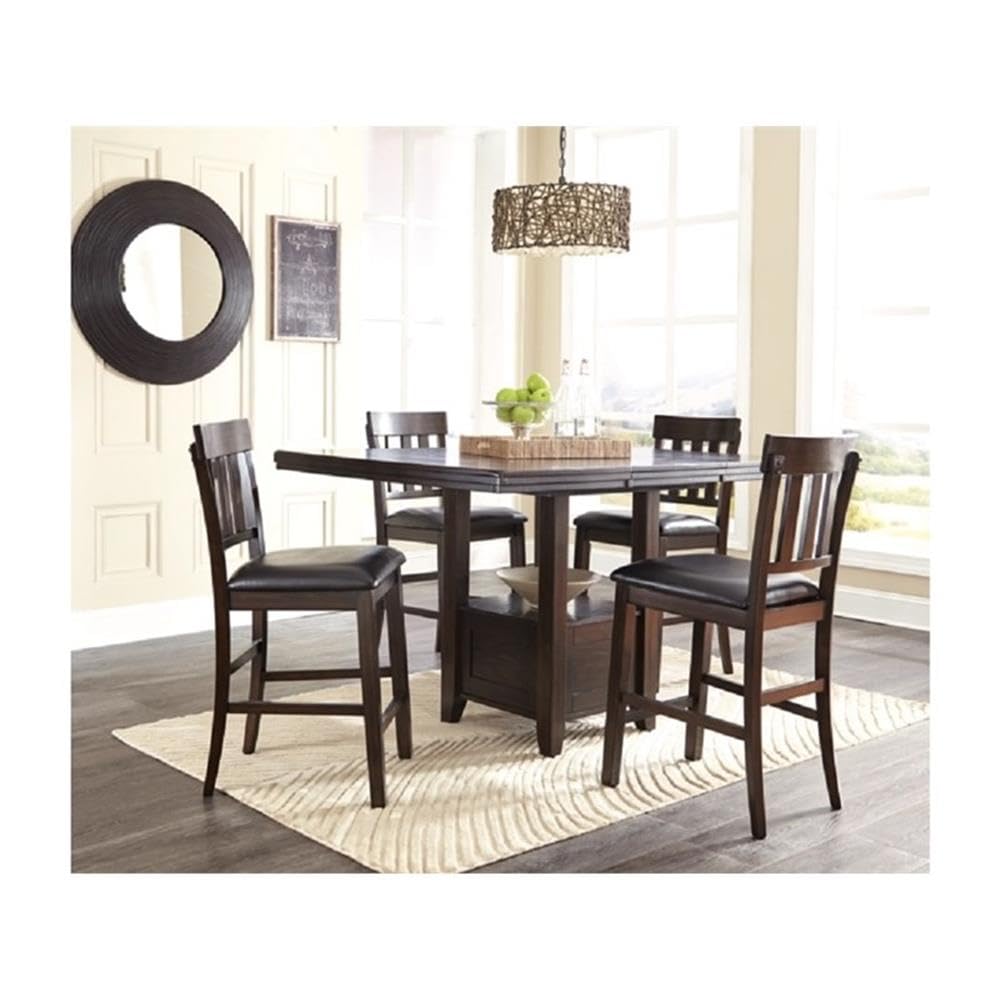 Signature Design by Ashley Haddigan Upholstered Barstool, 2 Count, Slat Back Design, Cushioned Seat, Wood, 25.5" H, Dark Brown