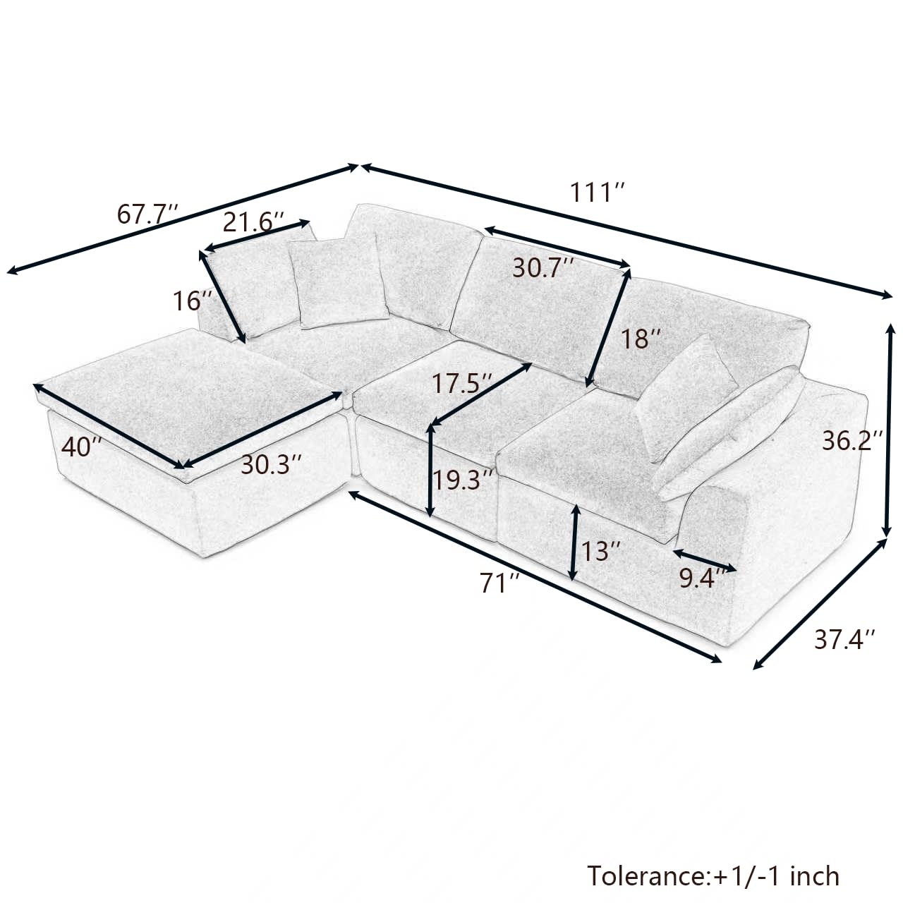 111-Inch L-Shaped Modular Boneless Cloud Sectional Sofa 4 Seat Floor Foam Sofa Couches Deep Seat with Ottoman,Comfy Fabric Upholstered 4 PCS Compressed Cloud Couch