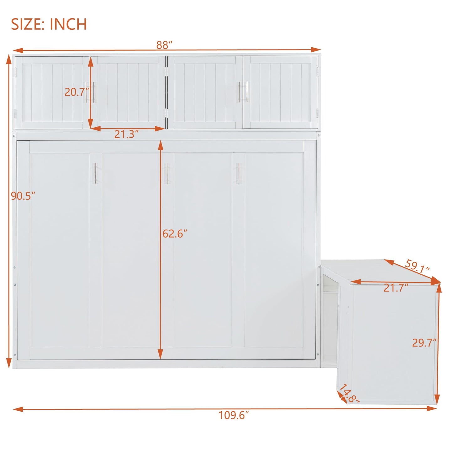 Merax Queen Size Wall Murphy Bed with Desk and Storage Shelves and Big Cabinets for Guest Room, Bed Room, Guest Room, Home Office, White