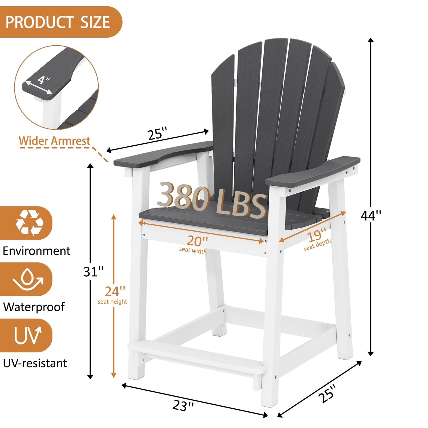OTSUN Tall Modern Adirondack Chairs Set of 4, All Weather HDPE Bar Height Adirondack Stools Widened Durable Design for Porch Patio Yard Lawn Fire Pit Bistro Basement Indoors & Outdoors