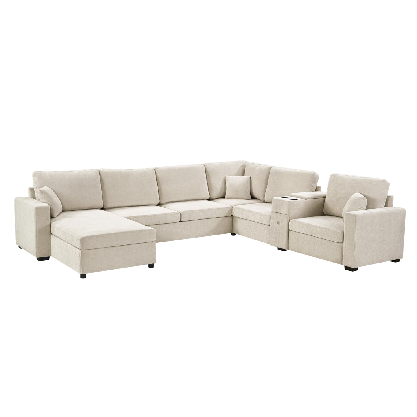 Merax Modern 134" U-Shaped Modular Sectional Sofa Couch with Cup Holders & Storage Drawers, Chenille 5-Seat Large Sectional Family Sofa with Chaise Lounge & Pillows for Living Room, Beige