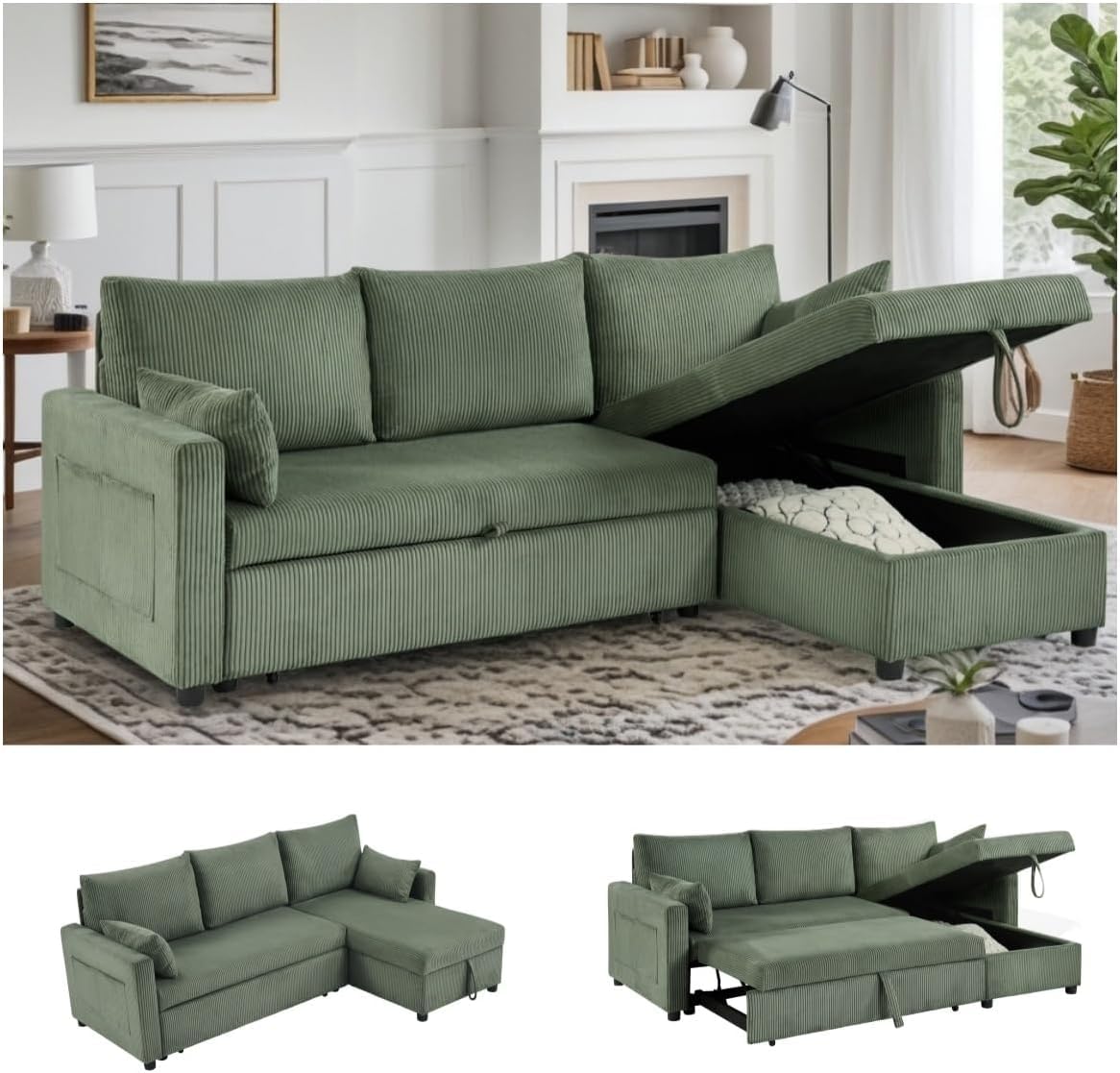 Trygoal Queen Sleeper Sofa, Convertible Sofa Bed with Storage, 85 Inch Sectional Couch with Pull Out Bed, L Shaped 3 Seat Sectional Sleeper Sofa for Living Room, Apartment, Green